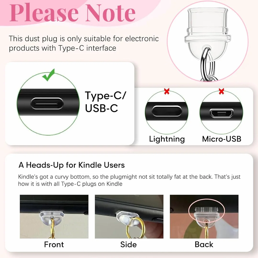 Zestaw akcesoriów do Kindle, uchwyt na uchwyt serce + zatyczka przeciwpyłowa USB-C z zawieszką z łańcuchem, prezent dla miłośników książek
