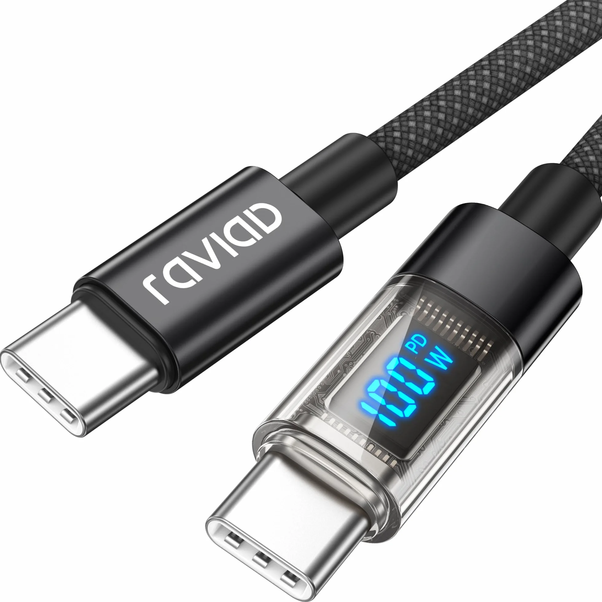 RAVIAD Kabel USB C na USB C 100 W 2 m, 5 A kabel do szybkiego ładowania PD QC3.0 z wyświetlaczem LED do iPhone 16/15 Pro Max, Galaxy S25/S24/S23/S22/S21, Pad Pro, MacBook Air, tabletów