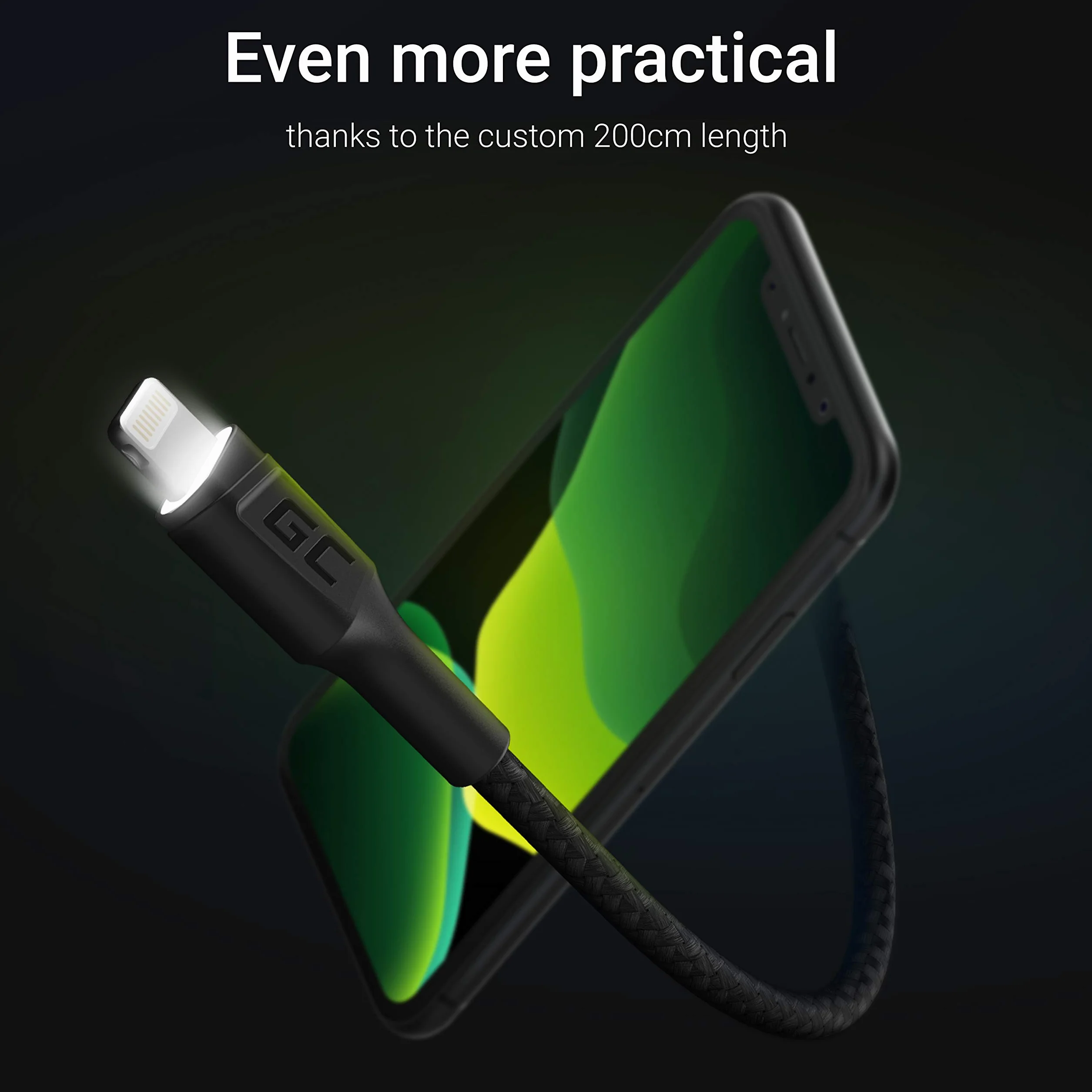 GC Ray LED | 2m Lightning Kabel Oplot nylonowy Przewód do Apple iPhone 12 11 SE Pro/Max | iPhone X XR XS Max | iPhone 8 7 Plus | iPhone 6 6S 5 5C 5S Plus | iPad Air/Pro/Mini | iPod Touch