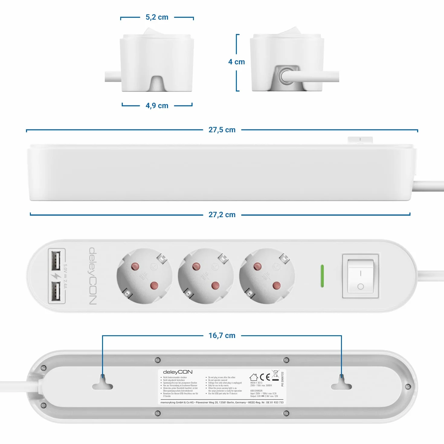deleyCON 5m Listwa Zasilająca 3-Gniazda z USB, 3x Gniazdo z Bolcem Ochronnym, 2x USB-A Port ładowania np. do Telefonu & Tabletu, Ochrona Przeciwprzepięciowa, Wyłącznik ON/OFF, Biała