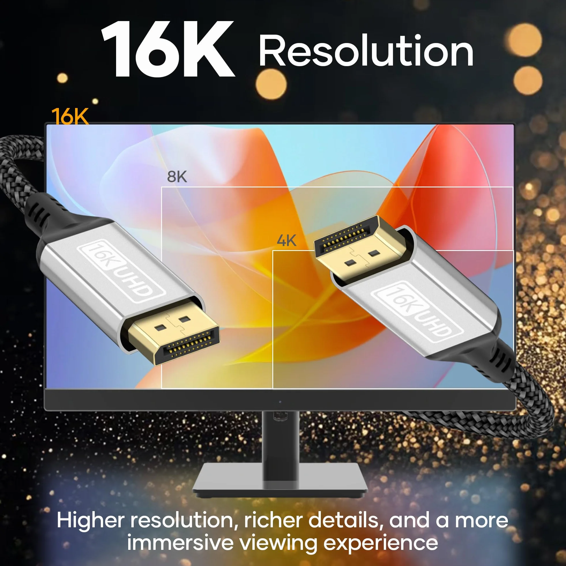 Kabel DisplayPort 2.1, 16K, 2 m, 16 K@60 Hz, 10K@60 Hz, 8K, 120 Hz, 4K, 240 Hz, 165 Hz/144 Hz. Kabel DP 80 Gb/s z HDR, FreeSync, G-Sync, DSC 1.2a i HDCP 2.2. Kompatybilny z PC. ,HDTV, monitor do gier