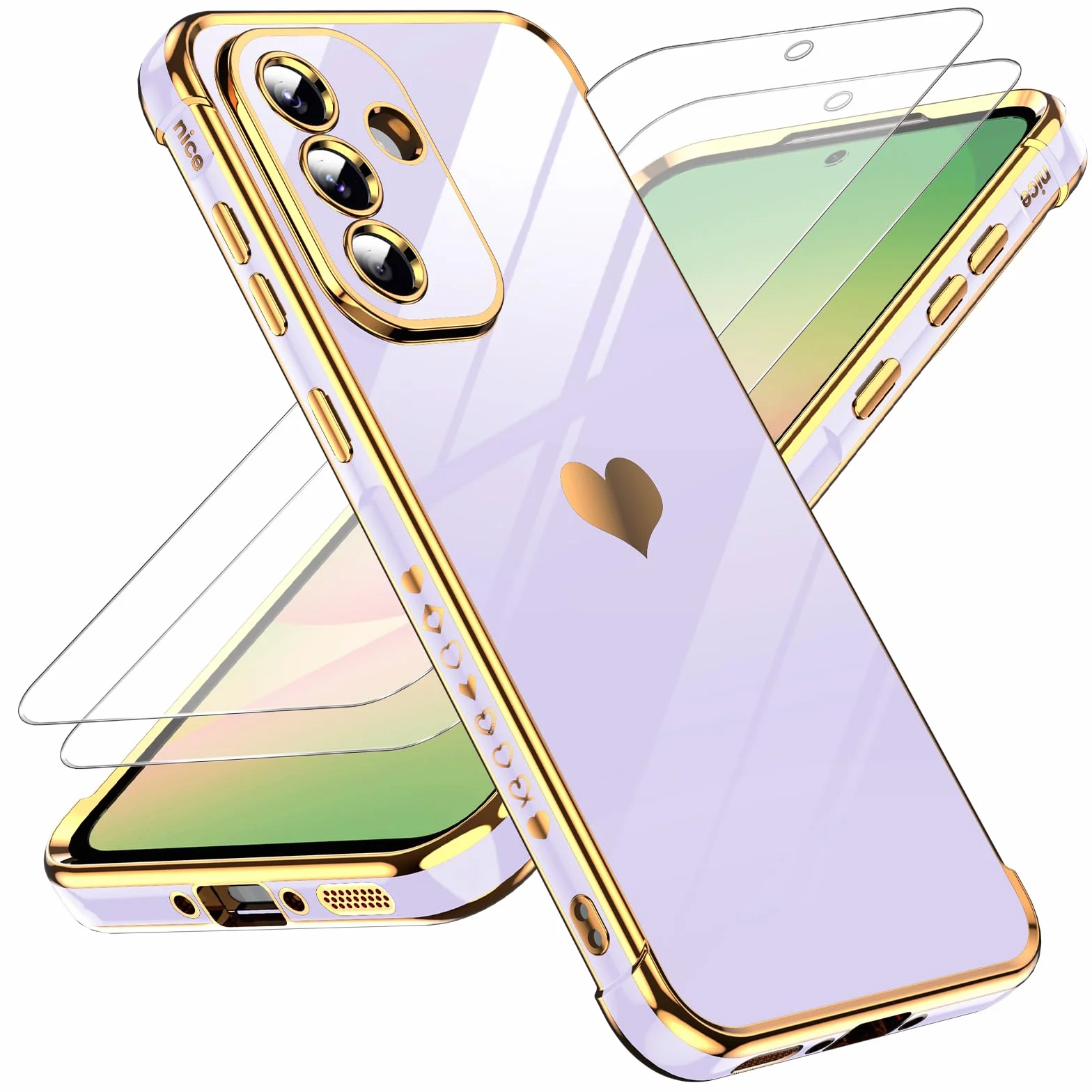 LeYi Etui do Samsung Galaxy A56 5G etui ze szkła hartowanego [2 paczki], miłość serce zderzak miękki silikon TPU cienki futerał ochronny na aparat do Samsung A56 kobiety, fioletowy