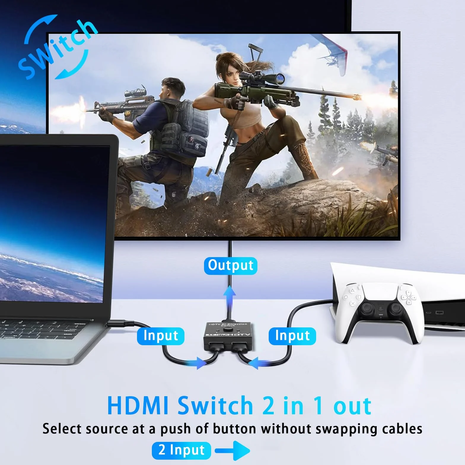 Avigers Przełącznik HDMI 2 w 1, 4K 60 Hz, HDMI Splitter 2 w 1 Out (tylko 1 monitor) przełącznik 2-HDMI port obsługuje HDR, 1080p/3D do laptopów, PC, pamięci TV, serii Xbox, PS5/4, projektora, monitora