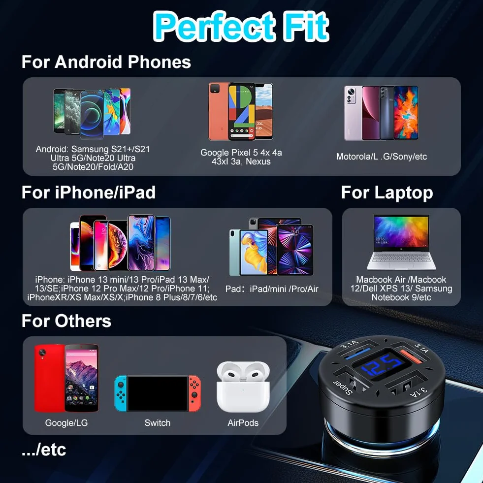 AXFEE Ładowarka samochodowa 66W 4 porty USB 3.1A szybkie ładowanie do iPhone Samsung Huawei Xiaomi