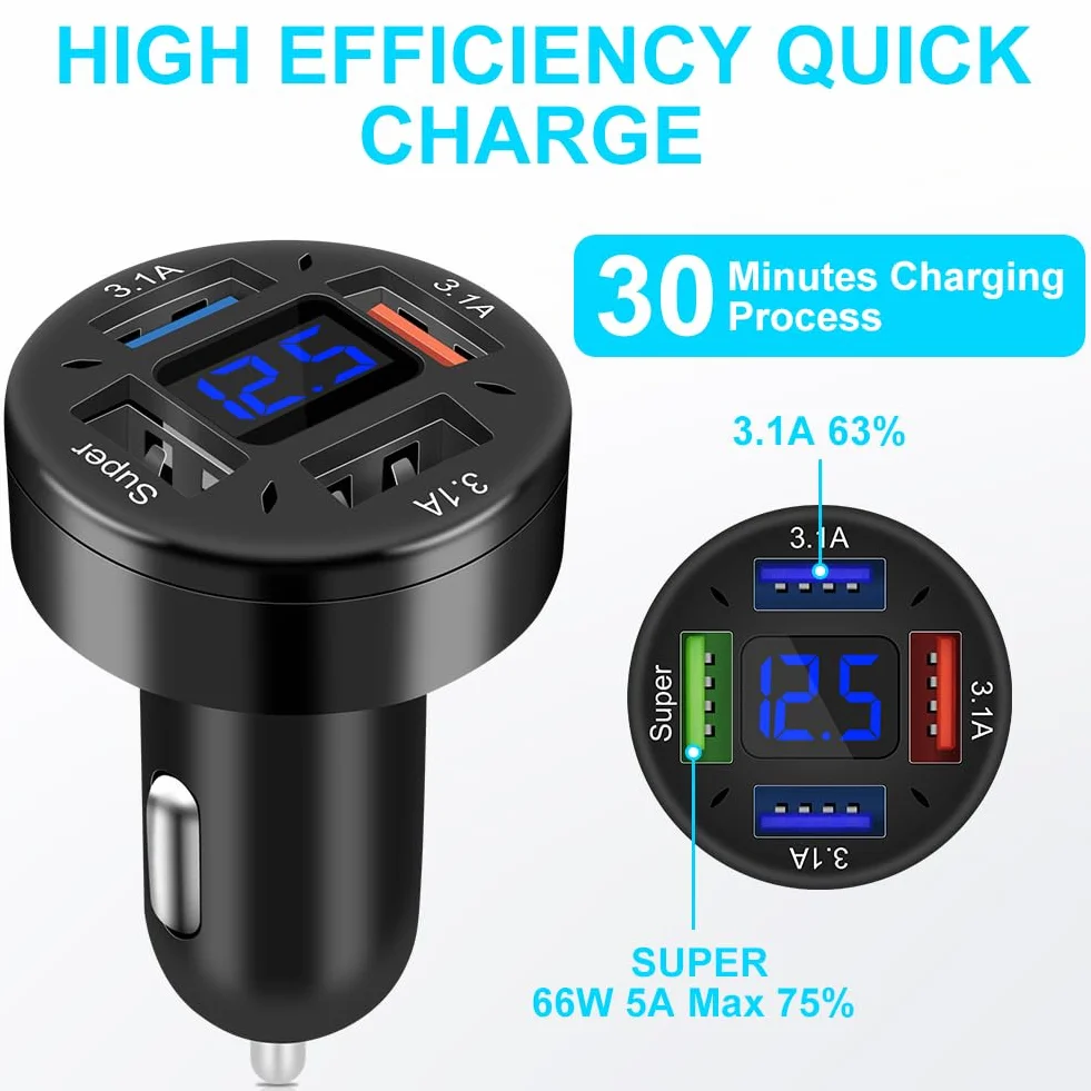 AXFEE Ładowarka samochodowa 66W 4 porty USB 3.1A szybkie ładowanie do iPhone Samsung Huawei Xiaomi