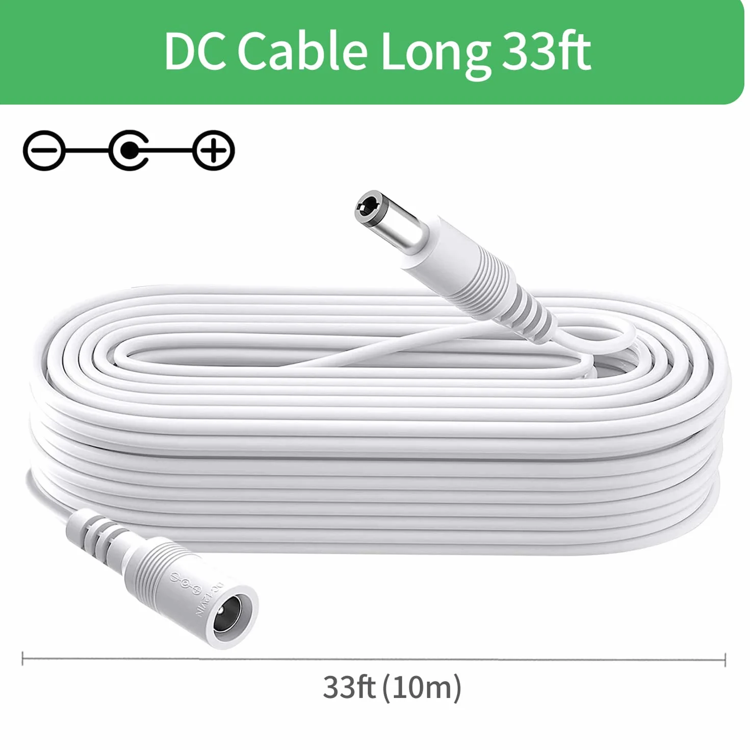 Przedłużacz zasilania DC 10 m, wtyczka 5,5 mm x 2,1 mm, wtyczka męska na żeńska, DC 5 V 6 V 9 V 12 V 24 V do kamer bezpieczeństwa, DVR, routera, drukarki, taśmy LED, biały