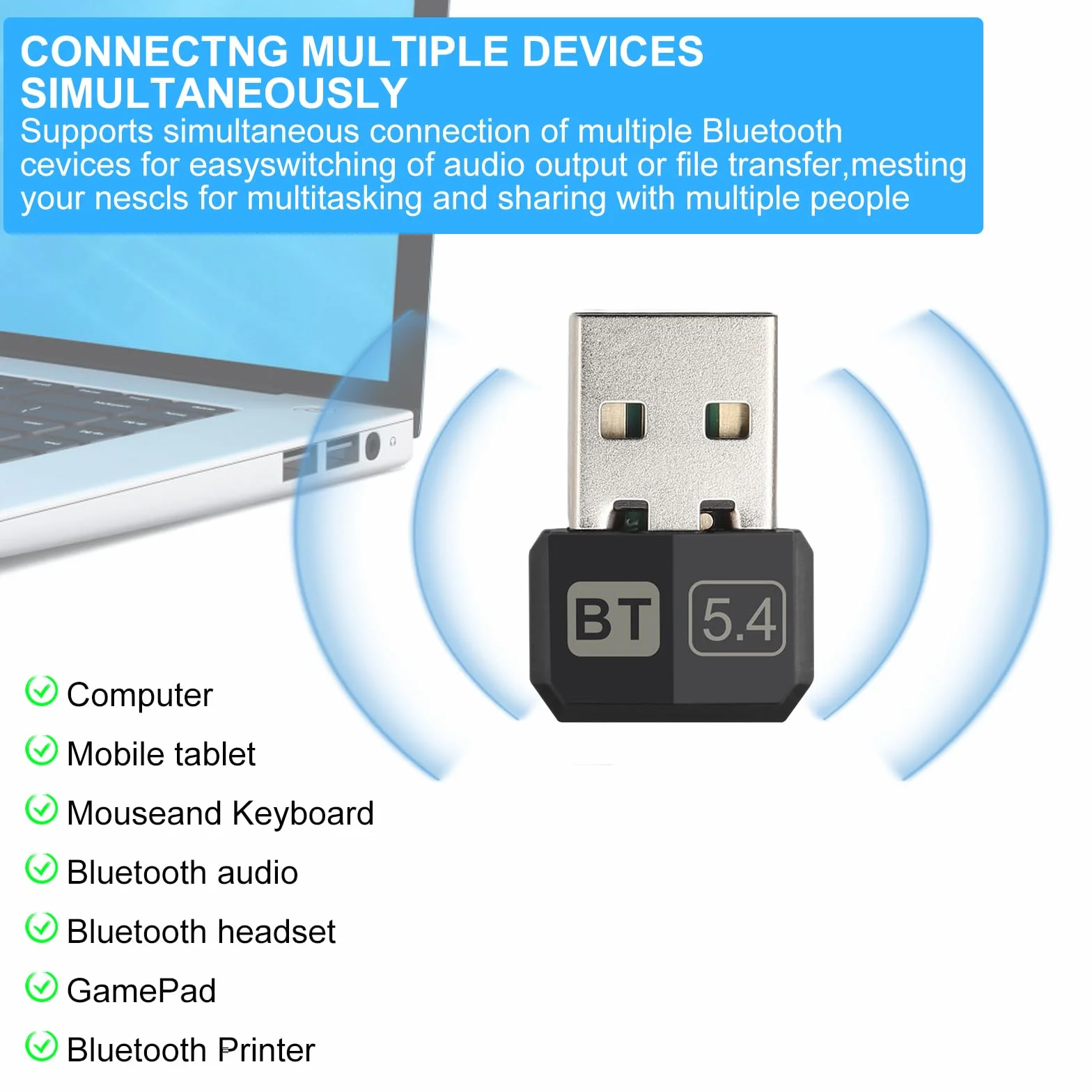 TNSLAND Adapter Bluetooth 5.4, USB Stick Dongle do PC, Plug and Play, Kompatybilny z Win7 8 8.1 10 11