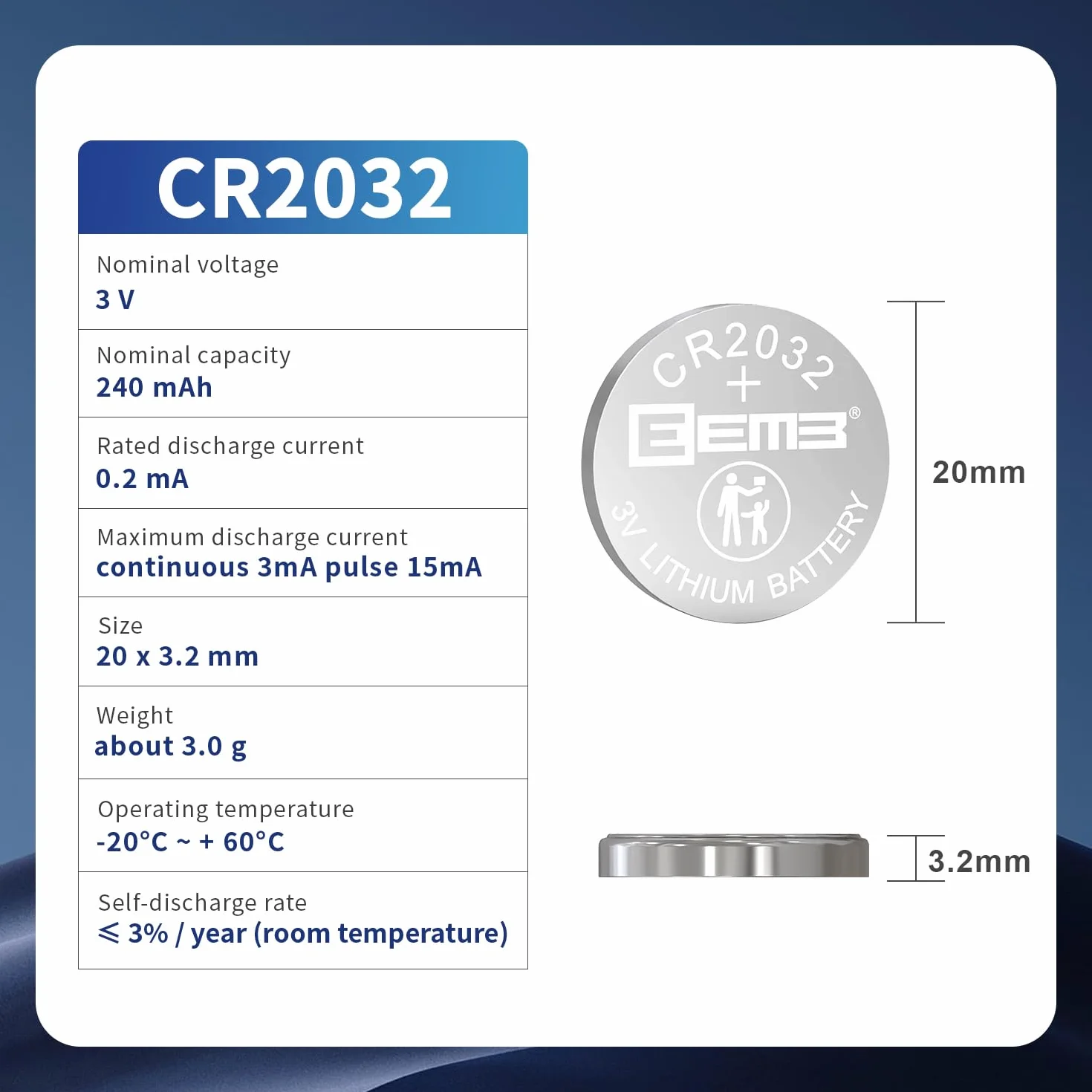 EEMB CR2032 Bateria litowa 3V Li-MnO ₂ Bateria z przyciskiem 2032 Bateria DL2032 ECR2032 LM2032 Kompatybilna z kluczem Fob, zdalny monitor glukozy samochodowy Zdalne sterowanie obrożami dla zwierząt Zegarażowych drzwi świecznych(20)