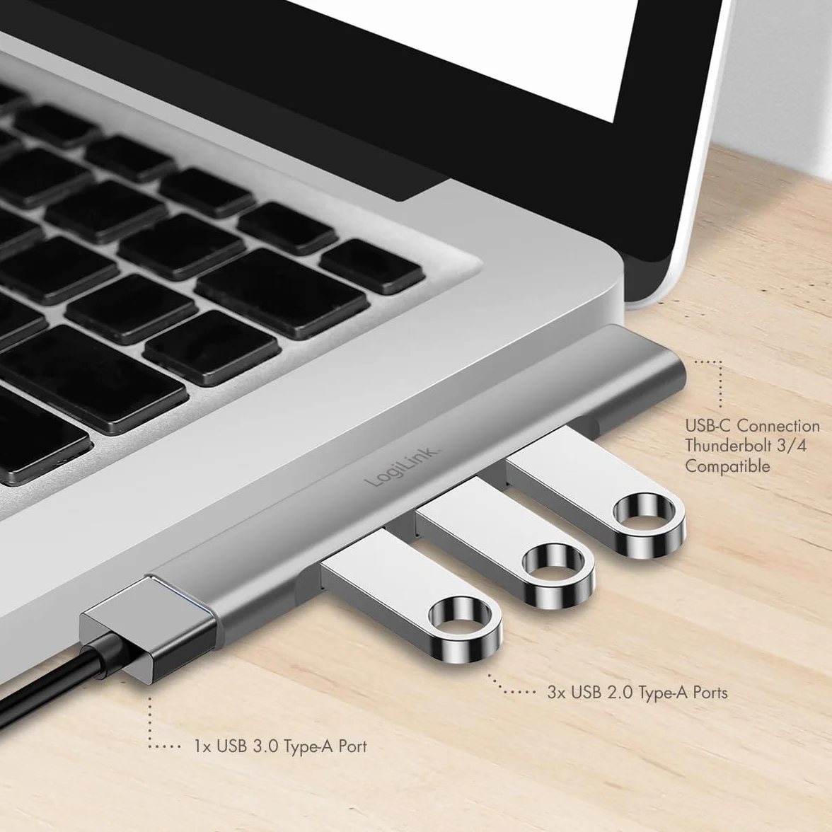 LogiLink UA0437 - ultracienki 4-portowy hub USB (złącze USB-C) z aluminium o mocy do 18 W, porty: 1 x USB 3.0 Typ-A, 3 x USB 2.0 Typ-A