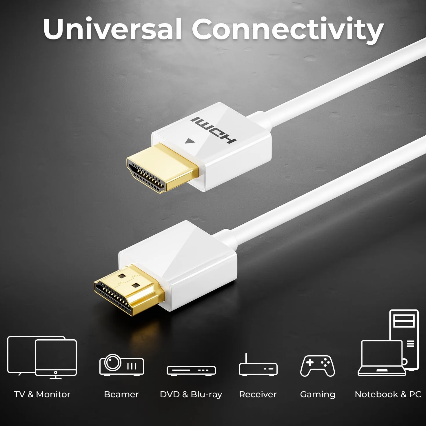 deleyCON 2m 4K HDMI 2.0 Kabel Slim (Mały i Elastyczny Kabel HDMI) - 1080P 2160P UHD ARC HDR 3D do TV, Monitora, Projektora, Laptopa, Notebooka, PC, Komputera, PS4, PS5, XBOX - Biały