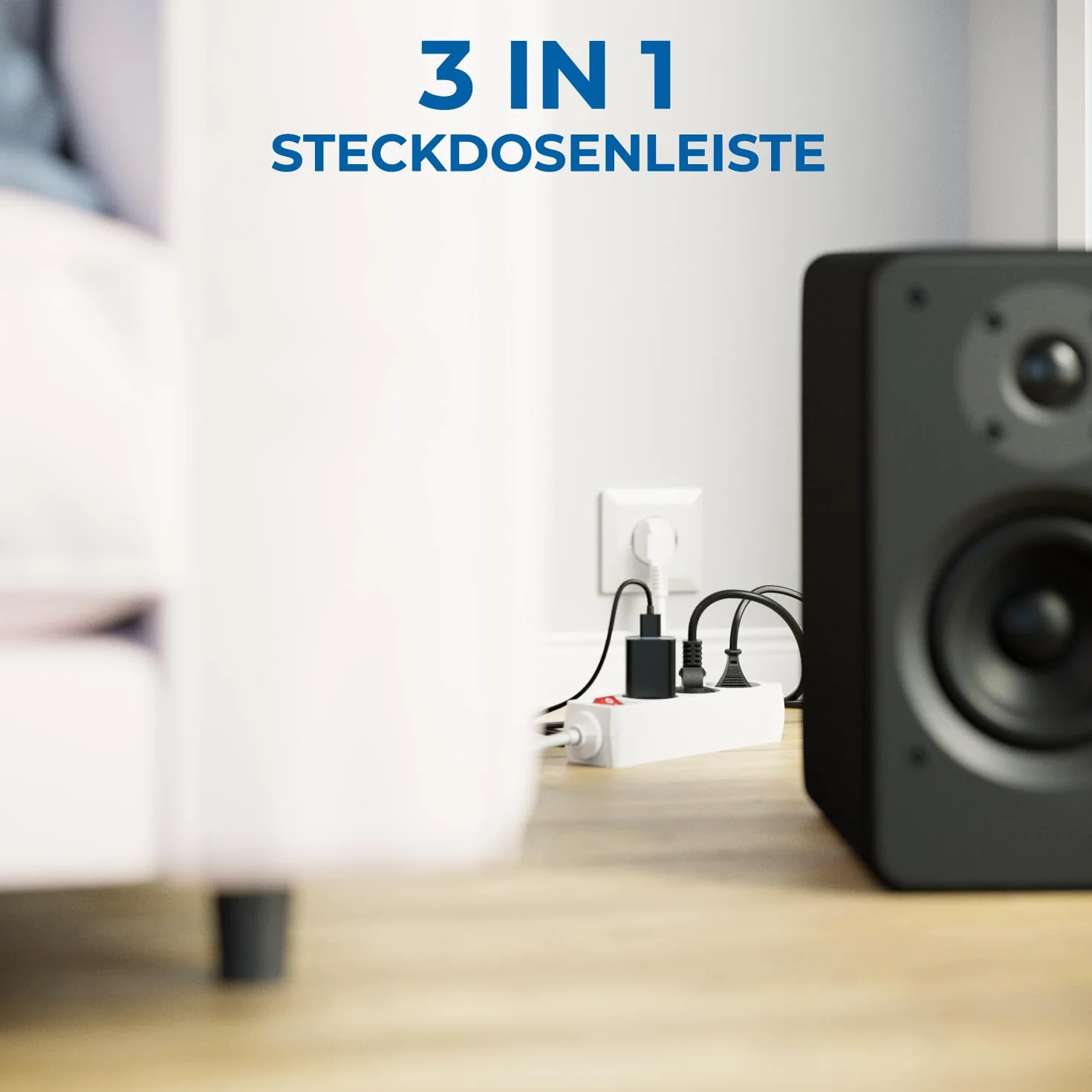 deleyCON Listwa Zasilająca 3-Gniazda z Wyłącznikiem, do Użytku Wewnętrznego, Kabel 1,4m, Wtyczka z Bolcem, Trwała Obudowa z Tworzywa Sztucznego - Biała