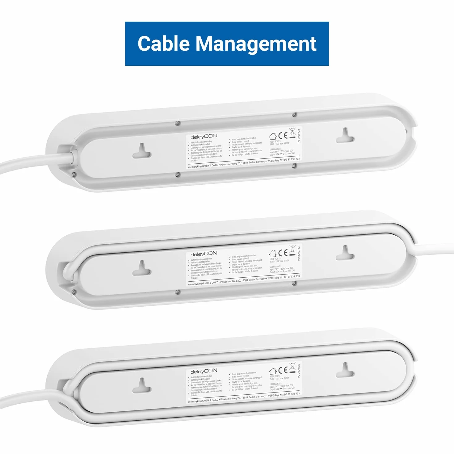 deleyCON 5m Listwa Zasilająca 3-Gniazda z USB, 3x Gniazdo z Bolcem Ochronnym, 2x USB-A Port ładowania np. do Telefonu & Tabletu, Ochrona Przeciwprzepięciowa, Wyłącznik ON/OFF, Biała