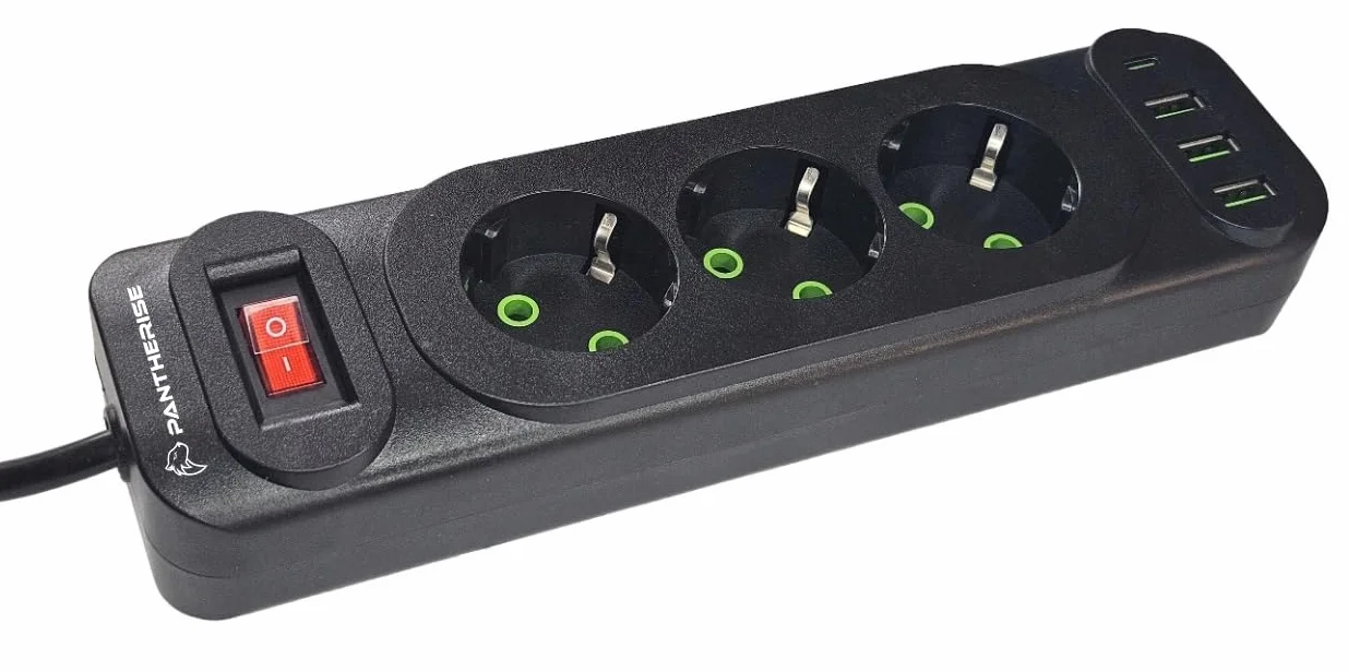 Listwa zasilająca Pantherise 5m – 3x USB-A, 1x USB-C, gniazda z uziemieniem, wyłącznik z podświetleniem, przedłużacz 2500W (3 gniazda)
