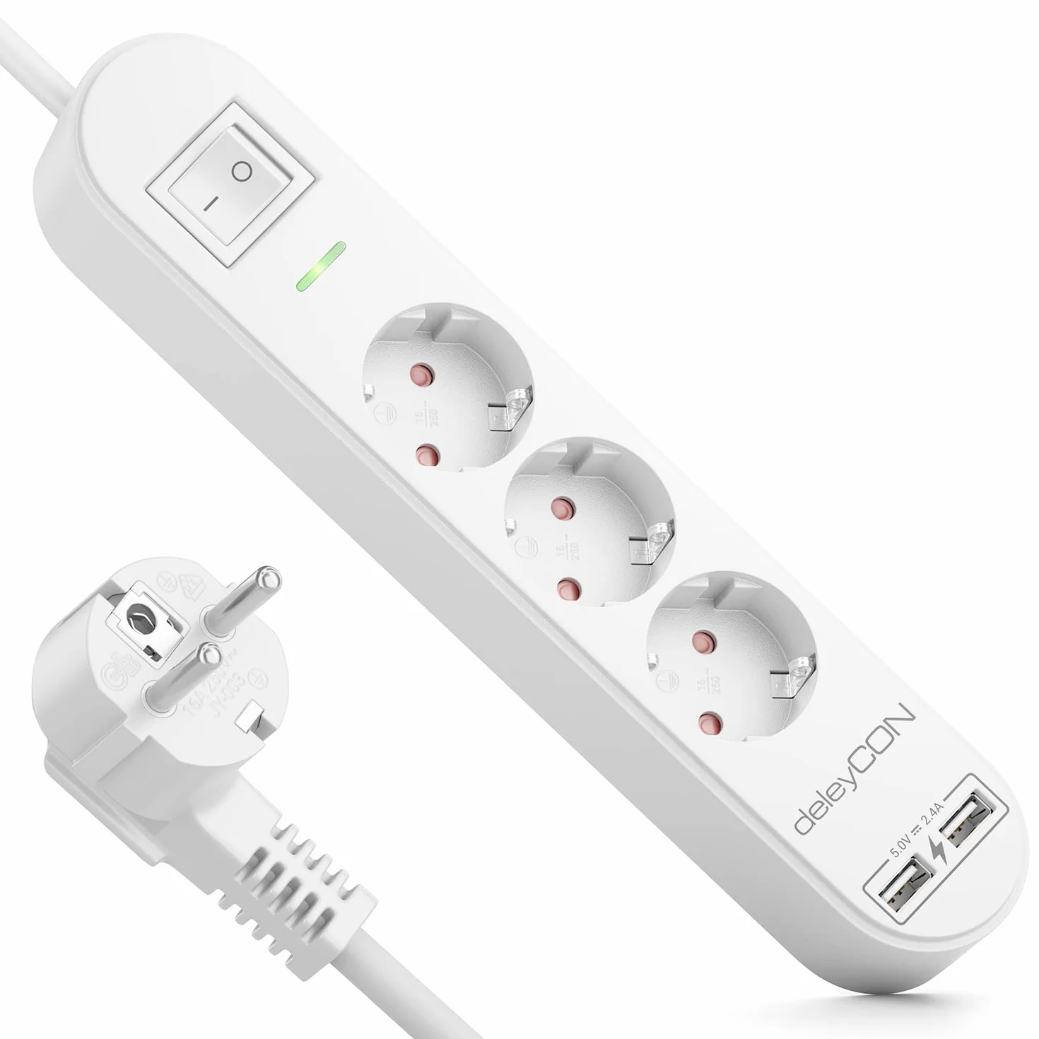 deleyCON 5m Listwa Zasilająca 3-Gniazda z USB, 3x Gniazdo z Bolcem Ochronnym, 2x USB-A Port ładowania np. do Telefonu & Tabletu, Ochrona Przeciwprzepięciowa, Wyłącznik ON/OFF, Biała