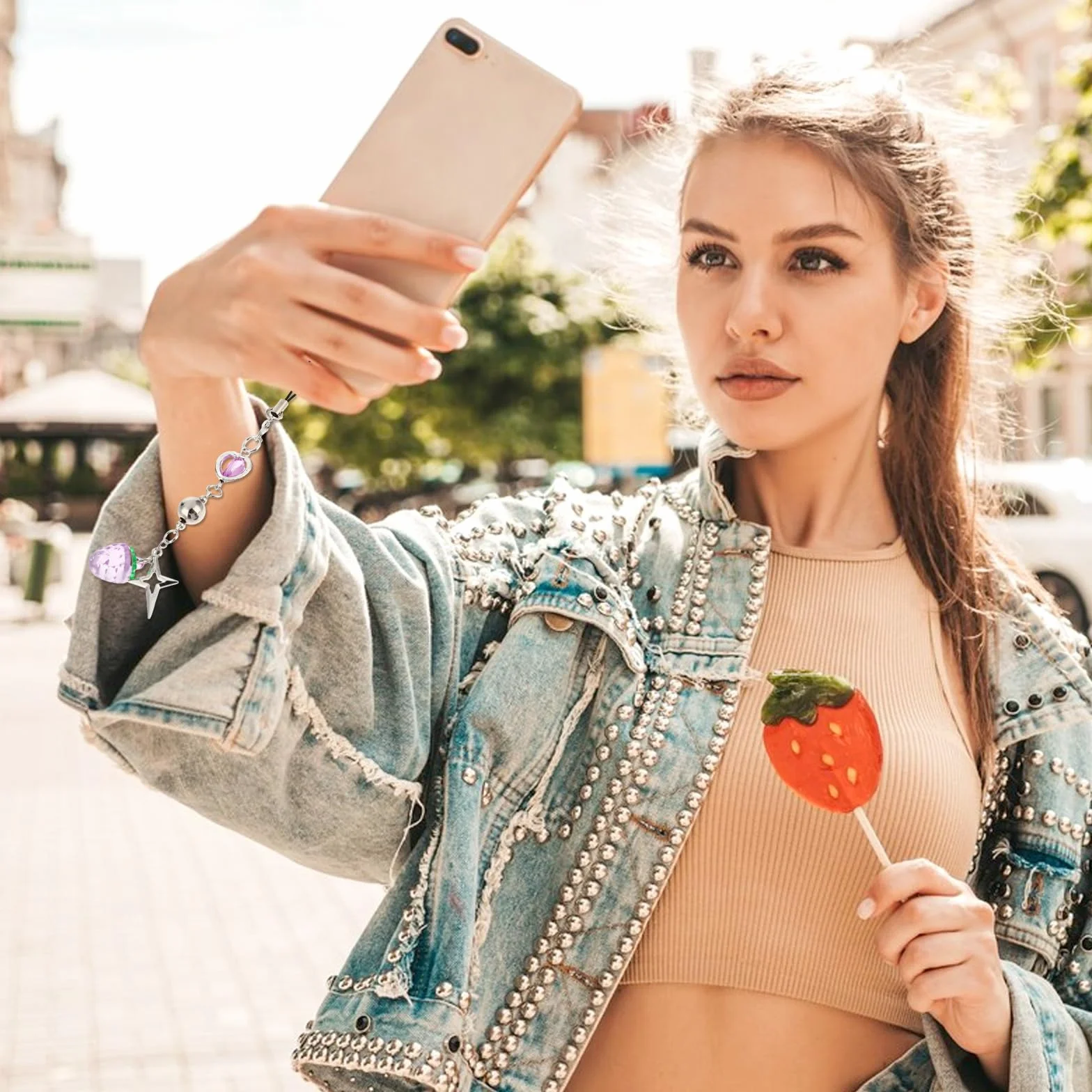 Amaxiu 4 Urocze Zawieszki do Telefonu Komórkowego, Charmsy - Różowe, Truskawkowe, Motyle, Gwiazdy - Akcesoria Większości Etui, Torebki, Breloczka, Aparatu - Dekoracja, Cynk