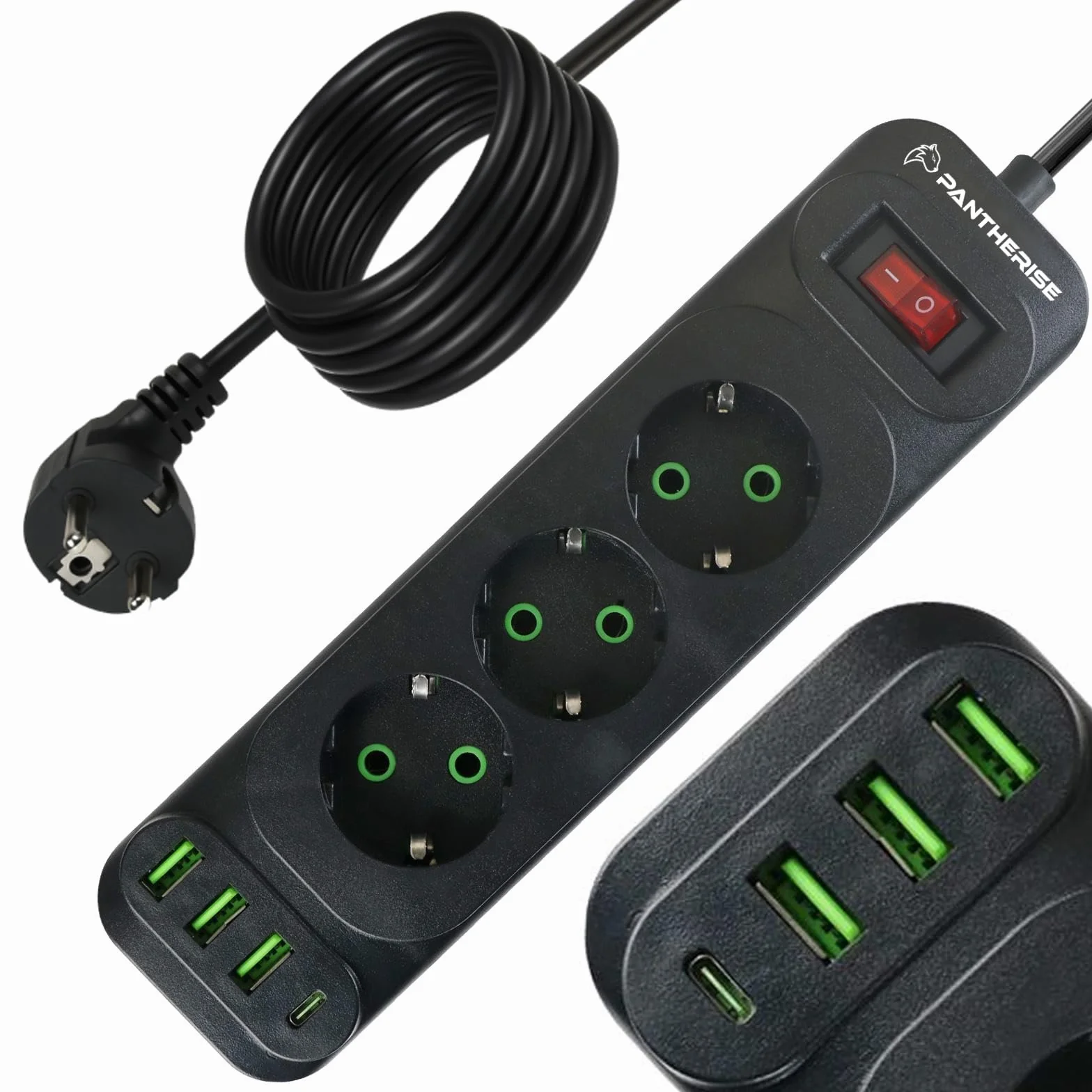 Listwa zasilająca Pantherise 5m – 3x USB-A, 1x USB-C, gniazda z uziemieniem, wyłącznik z podświetleniem, przedłużacz 2500W (3 gniazda)