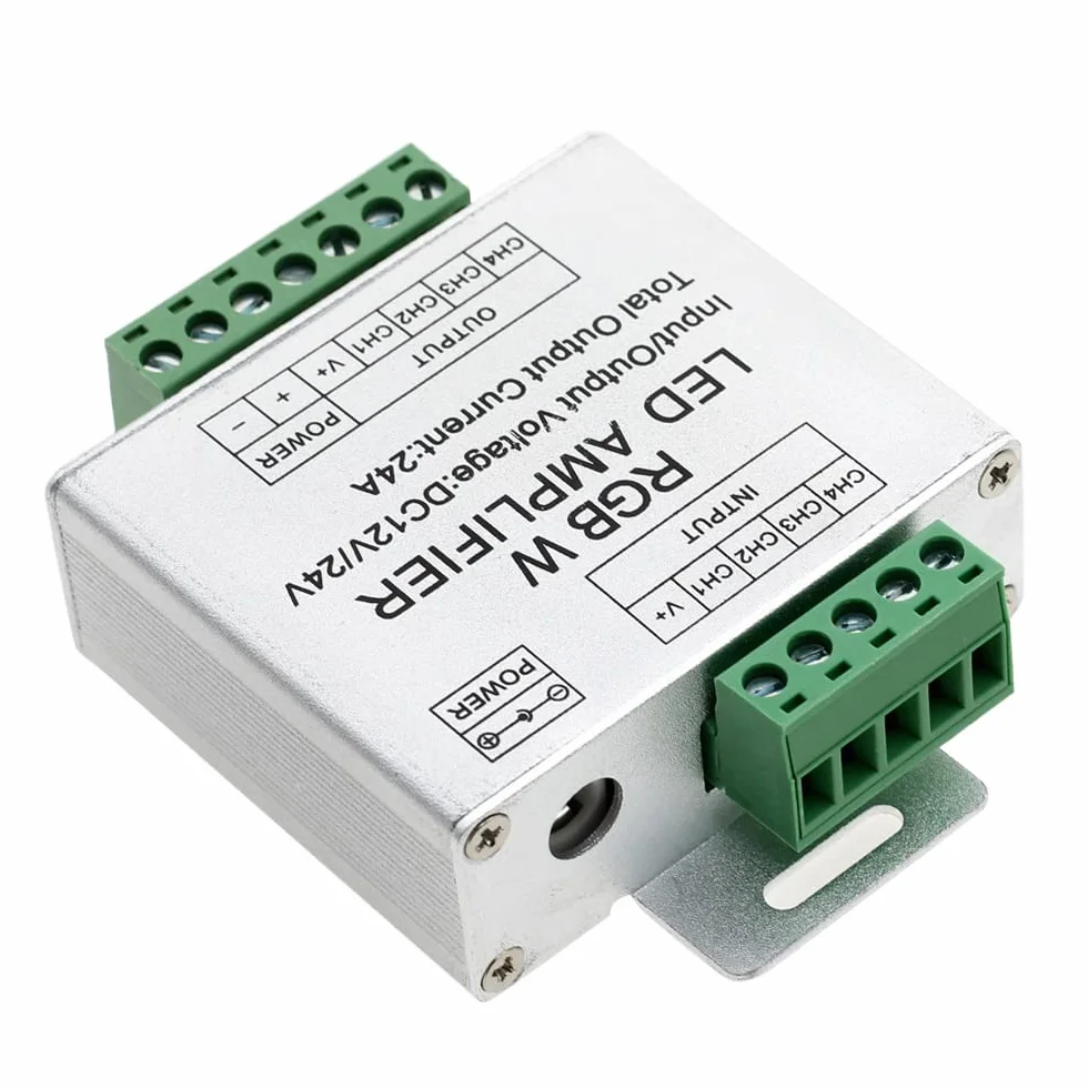 WANGCL Aluminiowy wzmacniacz RGBW 4CH wzmacniacz sygnału danych obsługuje PWM DC12V/DC24V do kontrolera RGB/RGBW