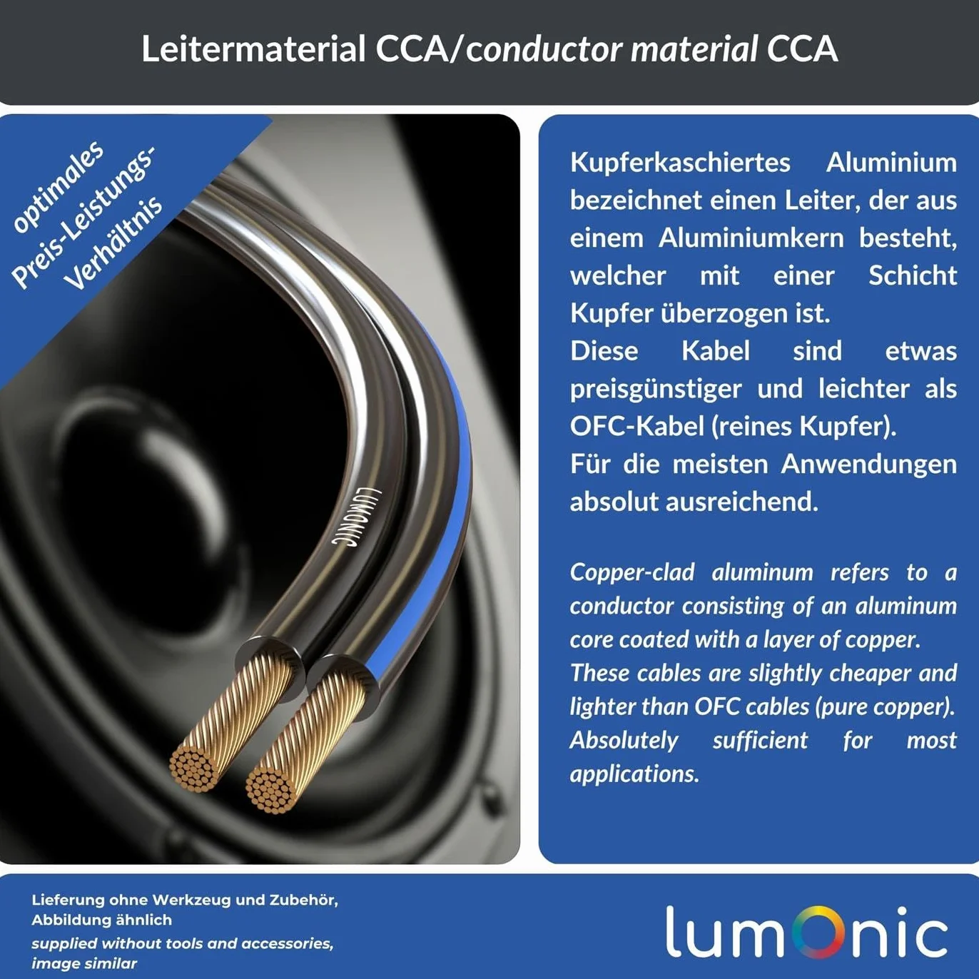 Lumonic Kabel glosnikowy | 5m Czarny | 2x 2,5mm² CCA | Niebieskie oznaczenie Kabel glosnikowy HiFi | Podwójna linia audio