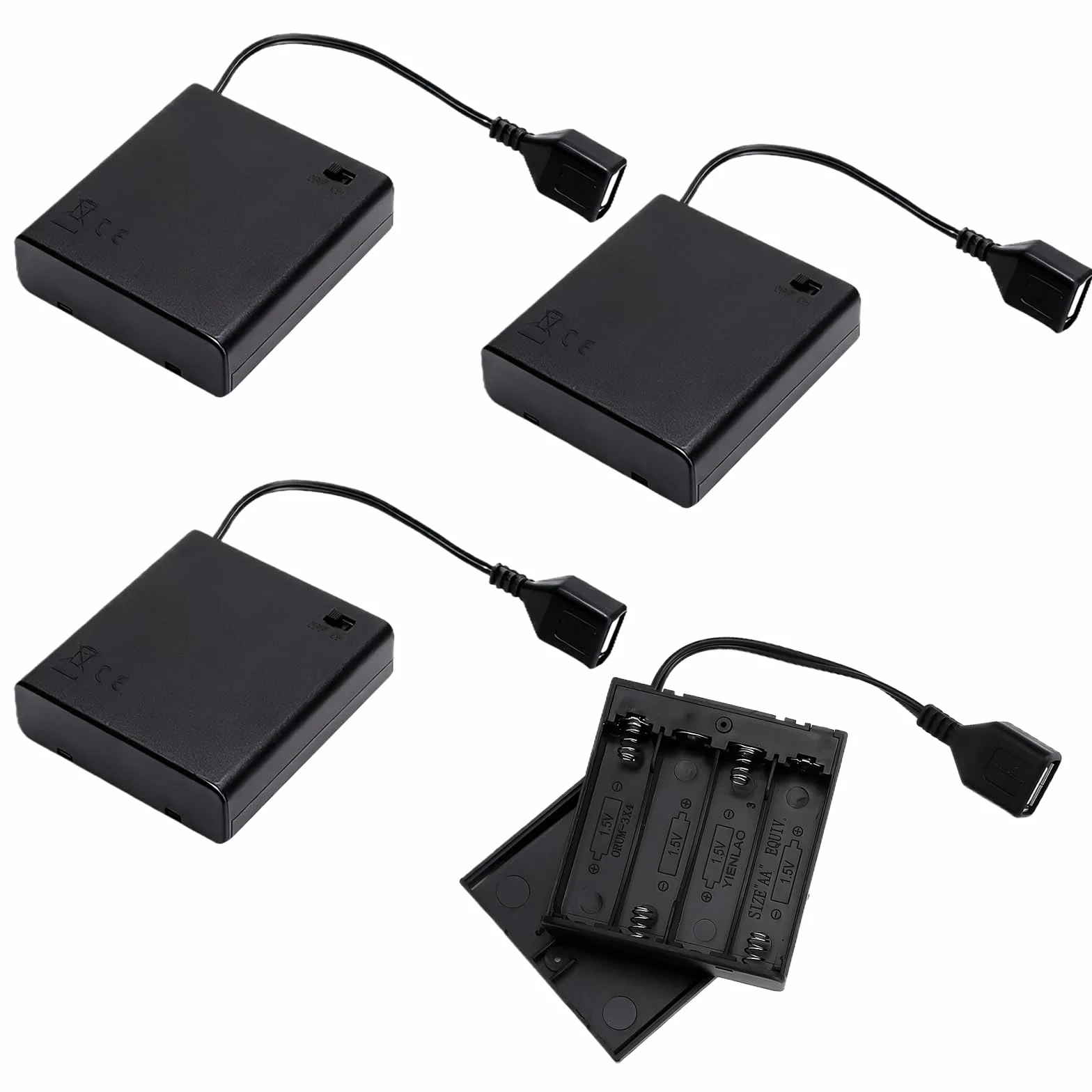 4 Sztuki Uchwytów na Baterie AA z Portem USB i Przełącznikiem, 6V, Tworzywo Sztuczne, 4 x 1,5V Pojemnik na Baterie do Samochodów RC LED