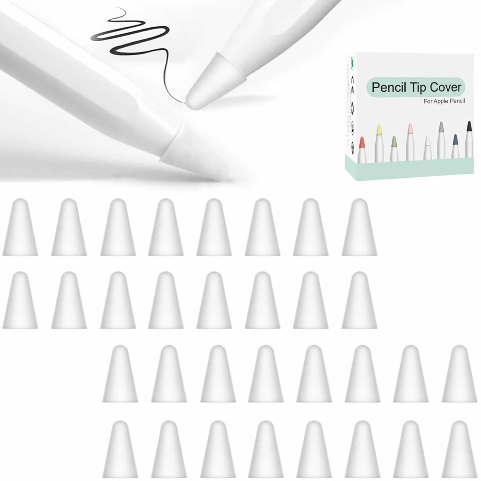 Silikonowe etui na końcówki rysika, 32 szt., kompatybilne z Apple Pencil Tips, ochraniacz do bezgłośnego rysowania, uniwersalny rysik, akcesoria do Apple Pencil 1., 2. generacji, białe, 32 szt