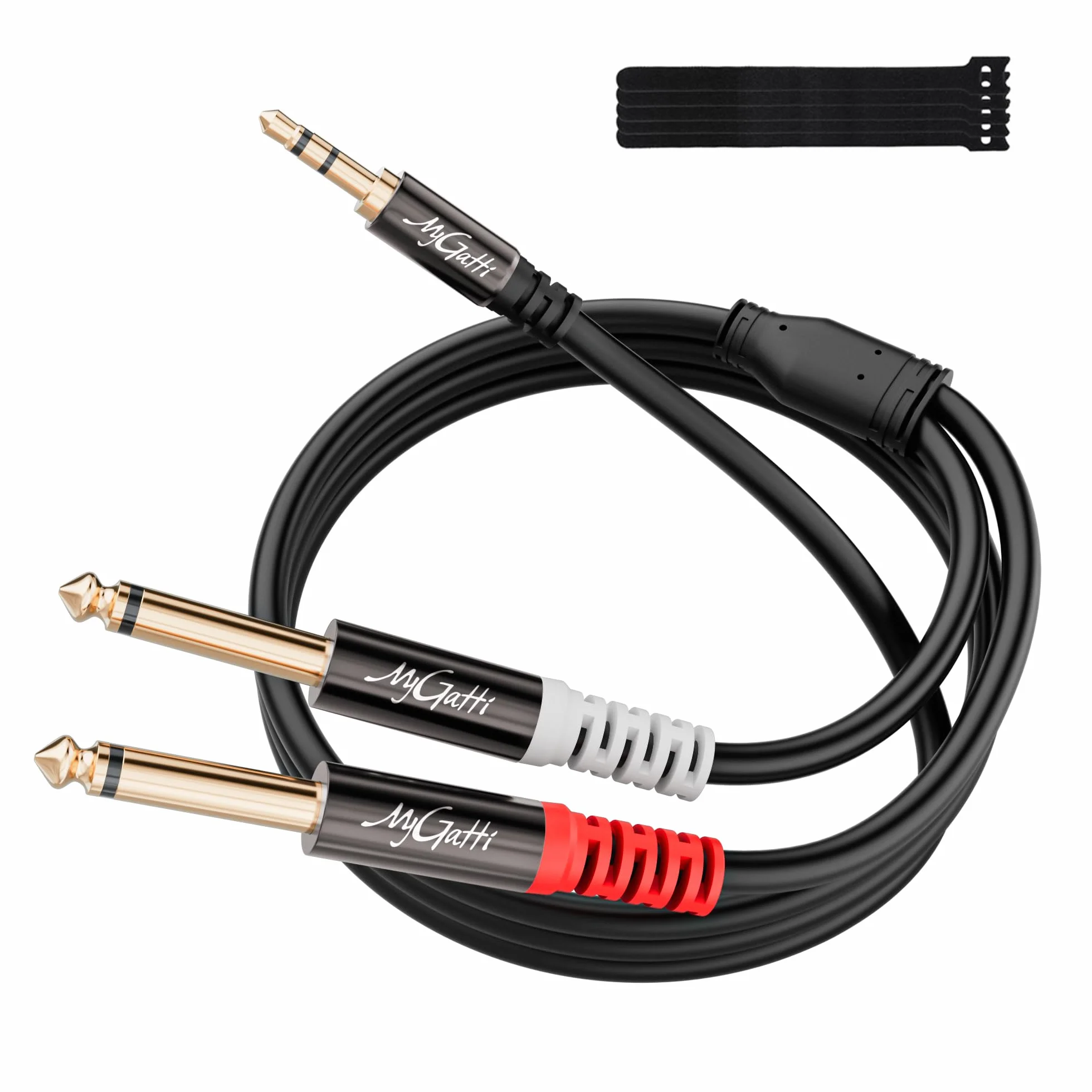 3,5 mm TRS na 2 x 6,35 mm TS Mono Y stereo kabel audio 1 m, wtyczka na wtyczkę, rdzeń OFC, do miksera, nagrywarki, gitary, wzmacniacza, mikrofonu, laptopa, odtwarzacza CD itp. + 5 opasek