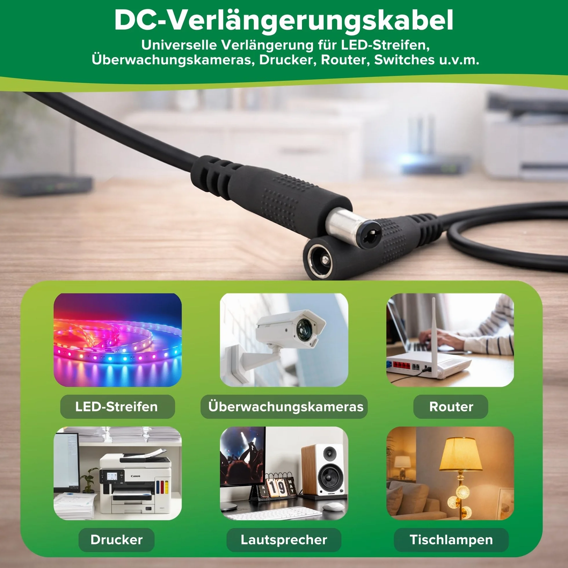 InLine - Przedłużacz DC, uniwersalny zasilacz sieciowy do Amazon Echo Dot, paski LED, kamery monitorujące, wtyczka/gniazdo DC 4,0 x 1,7 mm, czarny, 1 m