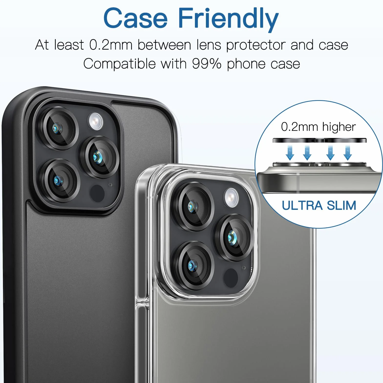 Ochrona obiektywu aparatu iPhone 15 Pro/15 Pro Max, aluminiowy pierścień 3D, szkło hartowane 9H, ochrona 360 stopni, czystość HD (czarna)