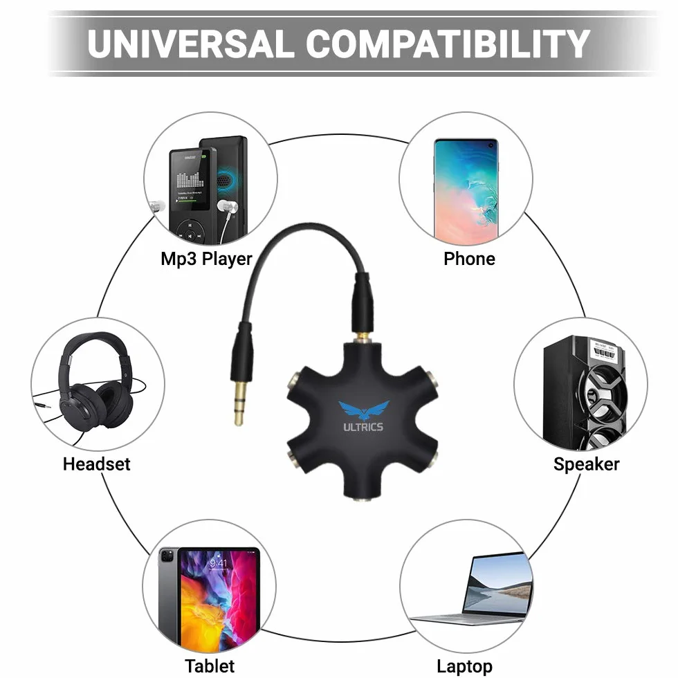 ULTRICS Rozdzielacz Słuchawek, 3.5mm 5-drożny Uniwersalny Rozgałęźnik do Słuchawek, Męski na Żeński Kabel Audio Kompatybilny z iPhone Galaxy OnePlus