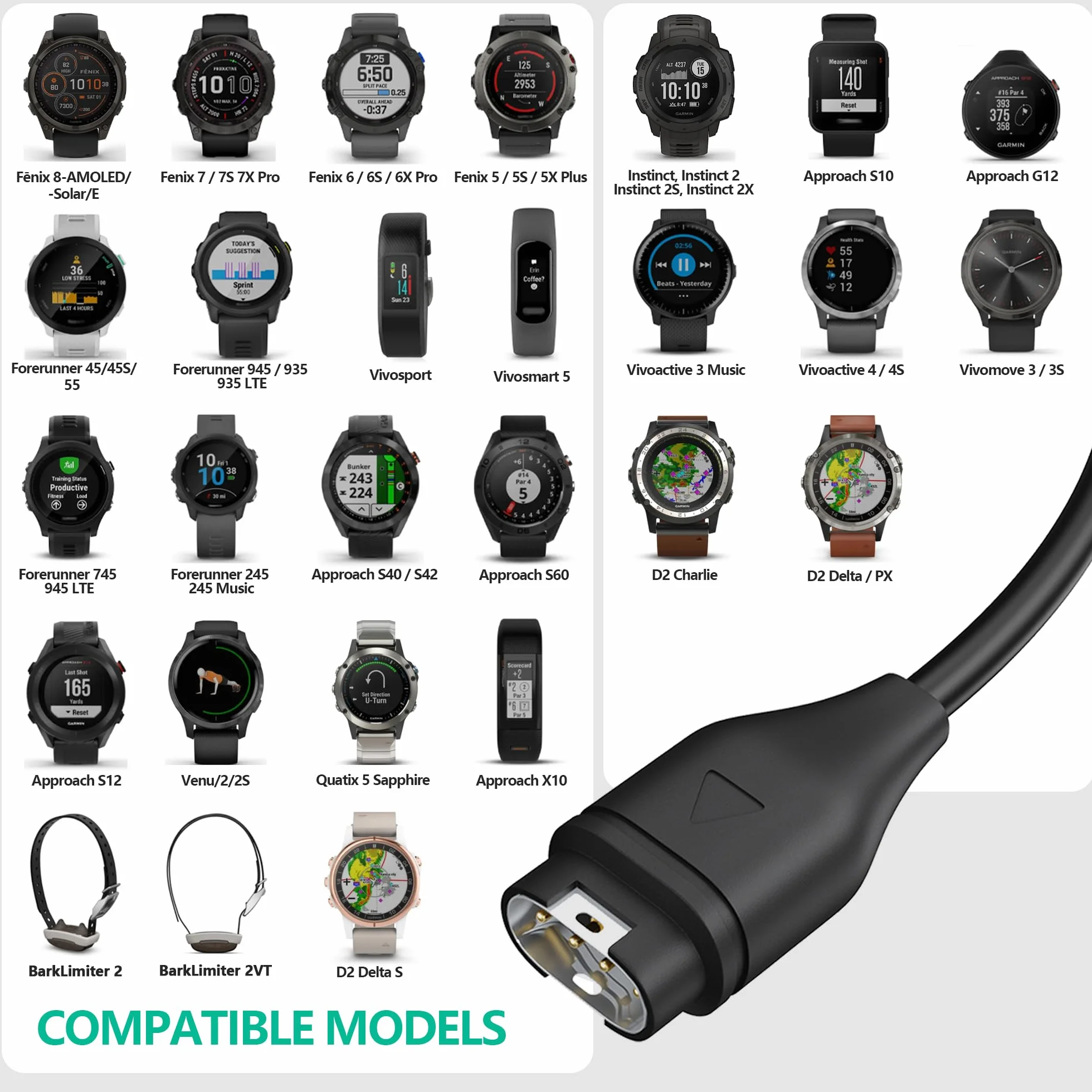 AWINNER Kabel do ładowania kompatybilny z Garmin Fenix 6 6S 6X Pro Sapphire, Fenix 5 5S 5X Plus, Forerunner 935 945 45S 245, Approach S10 S40 S60 X10, Quatix 5 Sapphire, Vivoactive 3 4 4S (2-pak )