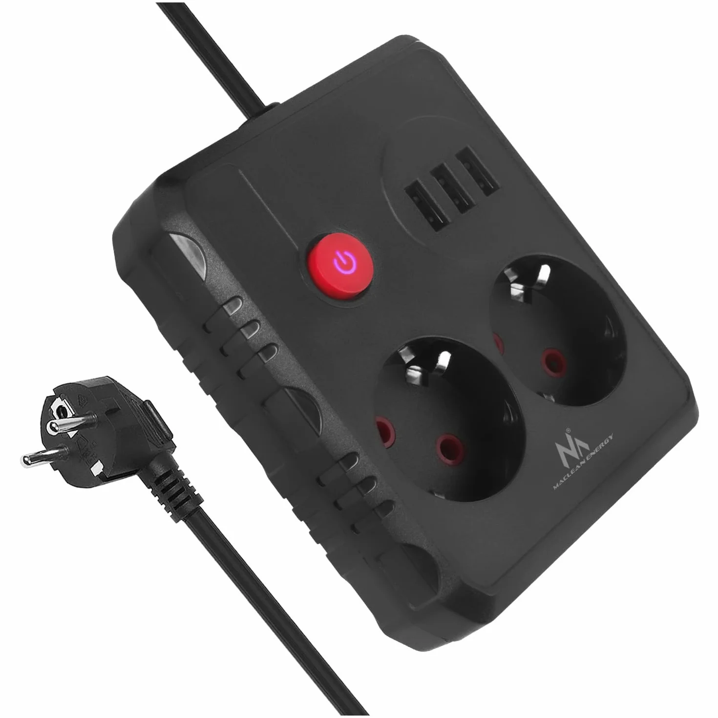 Listwa zasilająca Maclean MCE387/388 | 2 gniazda | 3xUSB 2500W | kompaktowa listwa z kablami wygiętymi pod kątem 45° | podświetlany wyłącznik montaż ścienny (Czarny, 1,5 m)