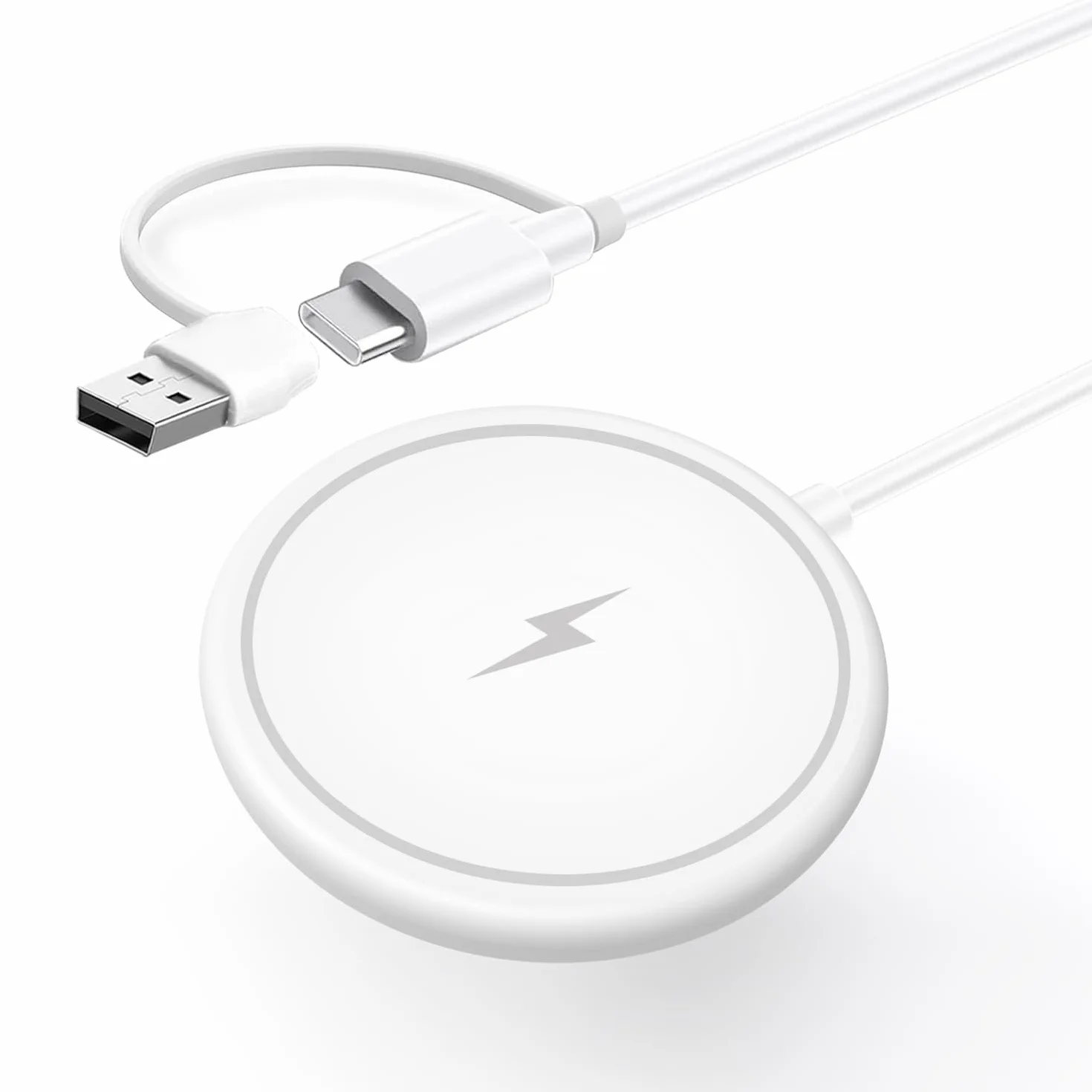 Ładowarka Indukcyjna Magnetyczna 15W USB-C/USB-A, Minimalistyczny Design, Biała, Zintegrowany Kabel 1m Qi, Szybkie Ładowanie (Biały)
