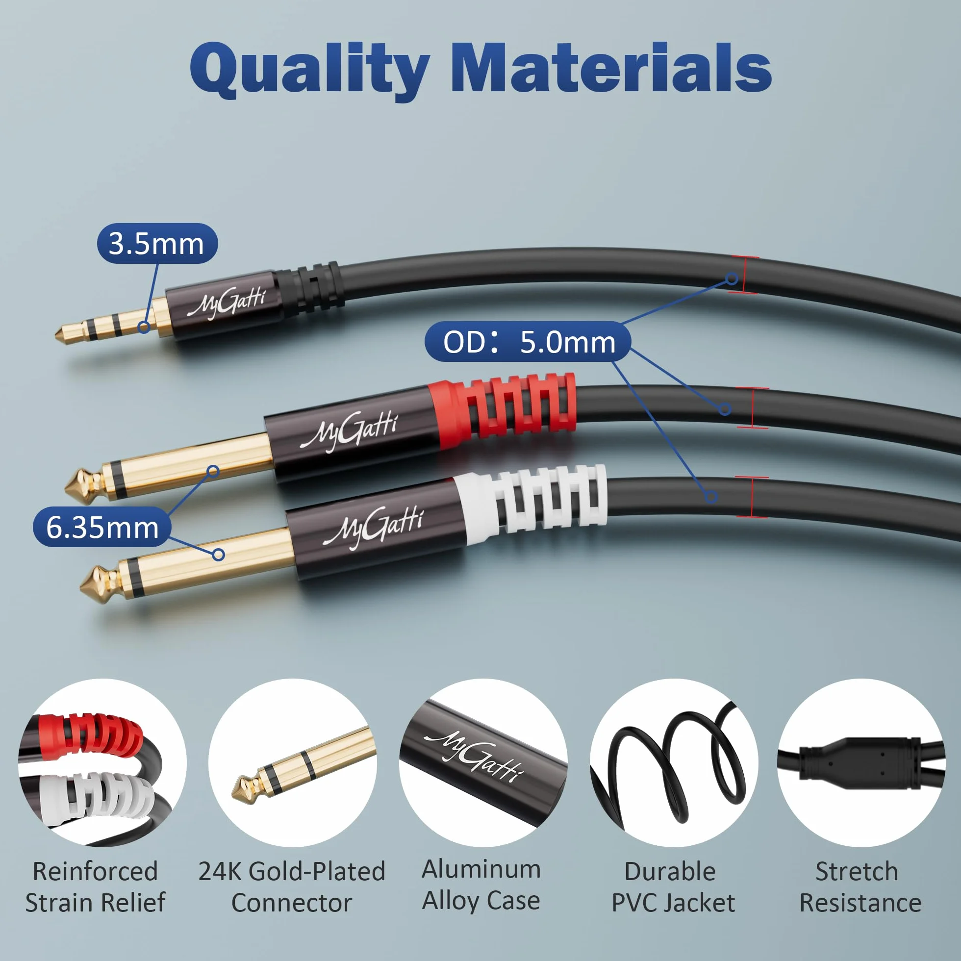 3,5 mm TRS na 2 x 6,35 mm TS Mono Y stereo kabel audio 1 m, wtyczka na wtyczkę, rdzeń OFC, do miksera, nagrywarki, gitary, wzmacniacza, mikrofonu, laptopa, odtwarzacza CD itp. + 5 opasek