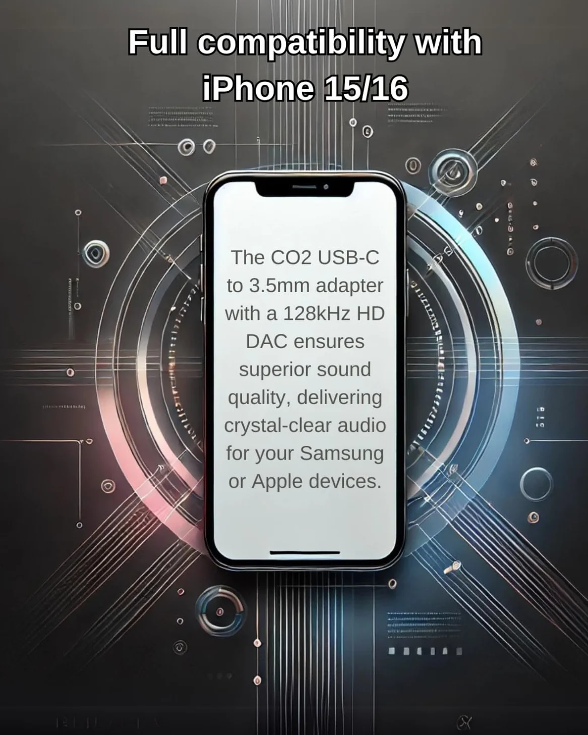 CO2 Adapter USB-C do Mini Jack 3,5 mm AUX z Przetwornikiem DAC 128 kHz HD, Hi–FI Najwyższa Jakość Dźwięku, Biały, Kabel Kompatybilny z iPhone 16, 15, Pro, Max, Plus, MacBook, iPad Pro, Samsung (DAC)