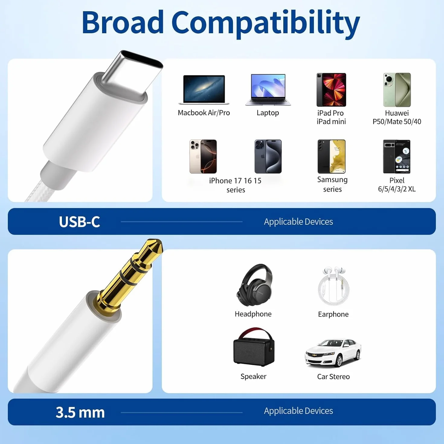 Kabel audio Aux do USB-C, USB-C do gniazda 3,5 mm, elastyczny adapter USB-C do gniazda 3,5 mm do modeli iPhone 17 16 15 Pro Max Plus, Samsung S26 S25 S24 Ultra, Pixel, iPad – do radia samochodoweg