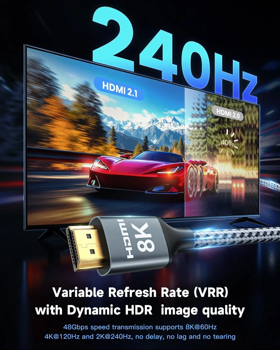 ARISKEEN Nylonowy pleciony kabel HDMI 2.1 8K, 2 m, Ultra HD, 48 Gb/s, High Speed, obsługuje 8K/60 Hz, 4K/120 Hz, kompatybilny z TV/Xbox One/PS4/PS5/Switch/monitorem/Blu-ray/soundbarem/DVD