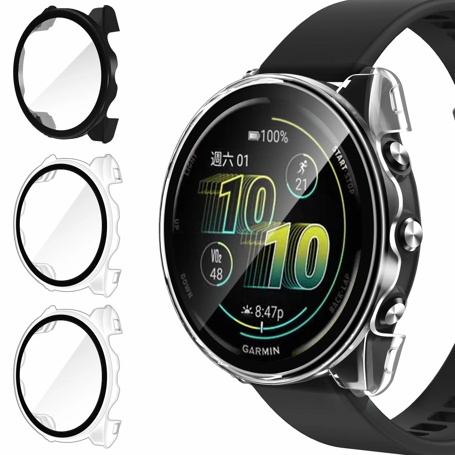 ivoler 3 szt. Twardy futerał PC do Garmin Forerunner 570 47 mm, pełna ochrona ekranu ze szkła hartowanego odporna na wstrząsy odporna na zarysowania etui, 2 przezroczyste + 1 czarny