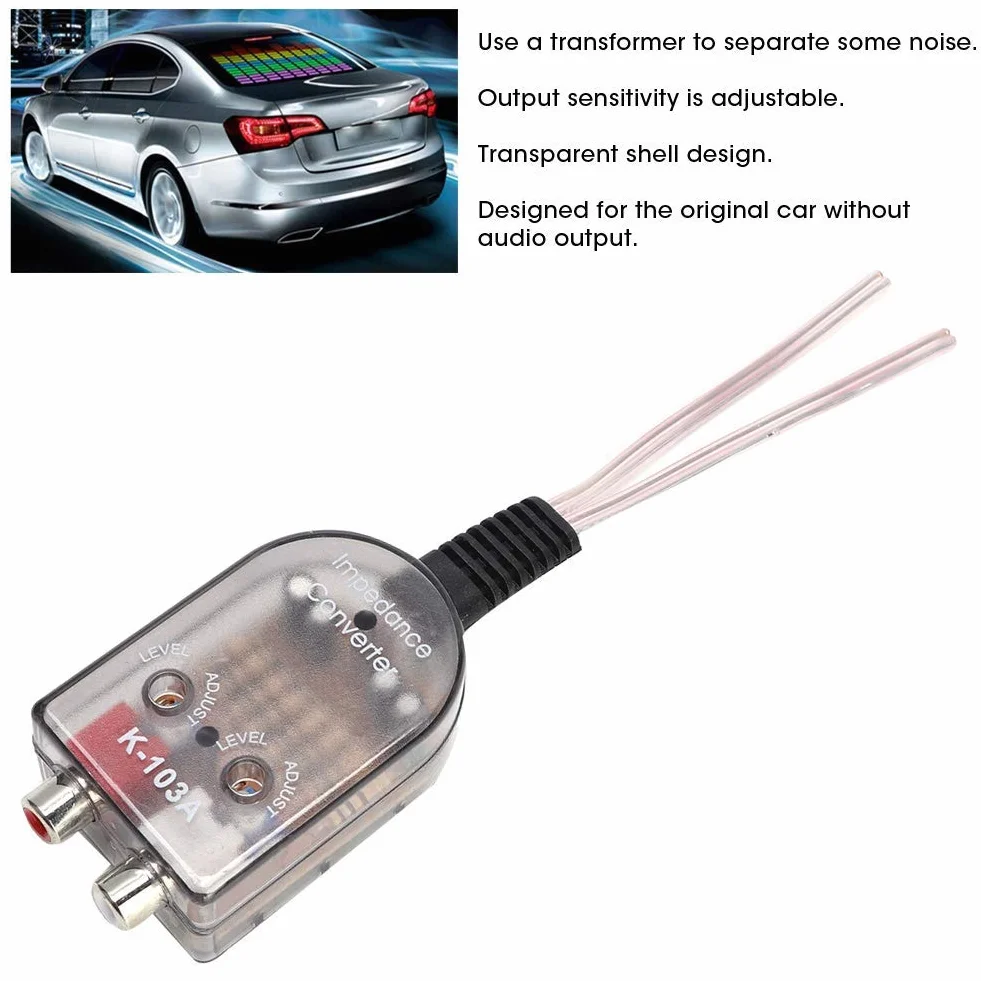 Aramox Konwerter samochodowy audio, impedancja dźwięku Stero, regulowany głośnik, wysoki do niski, Line Audio impedance konwerter ABS
