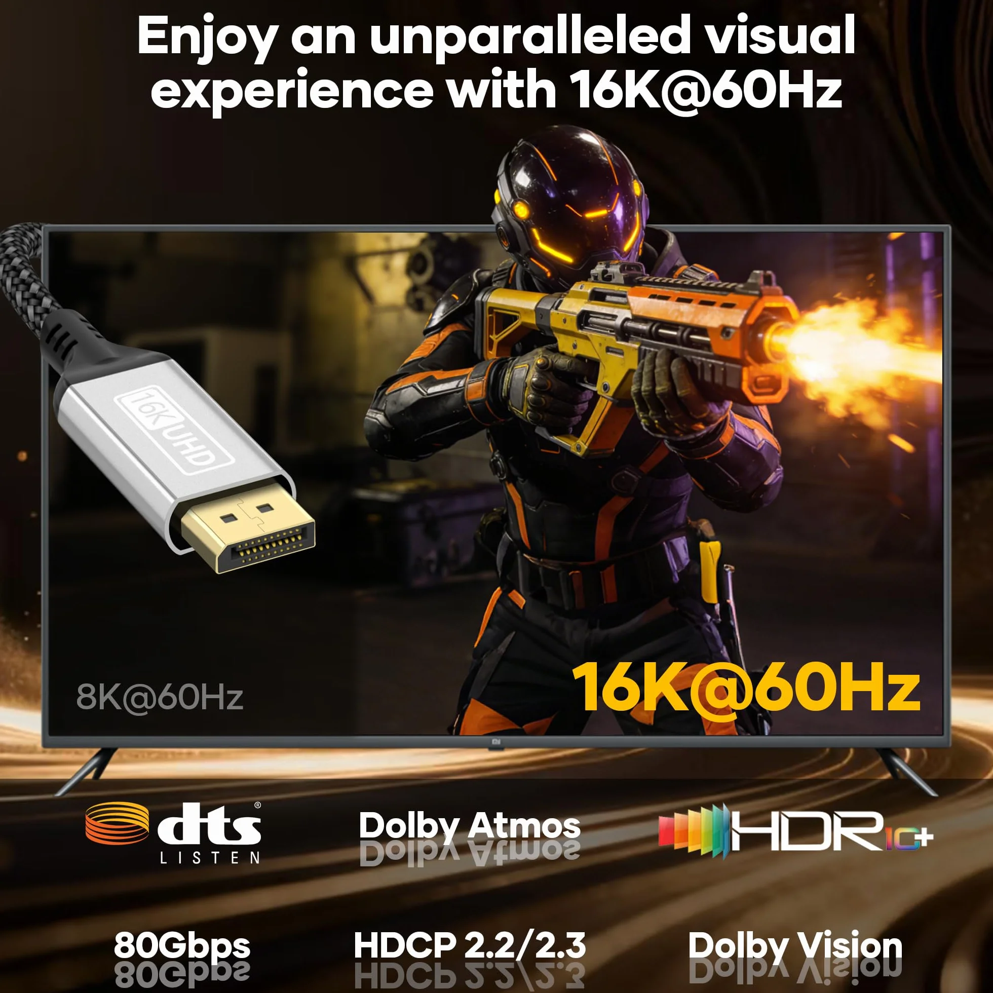 Kabel DisplayPort 2.1, 16K, 2 m, 16 K@60 Hz, 10K@60 Hz, 8K, 120 Hz, 4K, 240 Hz, 165 Hz/144 Hz. Kabel DP 80 Gb/s z HDR, FreeSync, G-Sync, DSC 1.2a i HDCP 2.2. Kompatybilny z PC. ,HDTV, monitor do gier