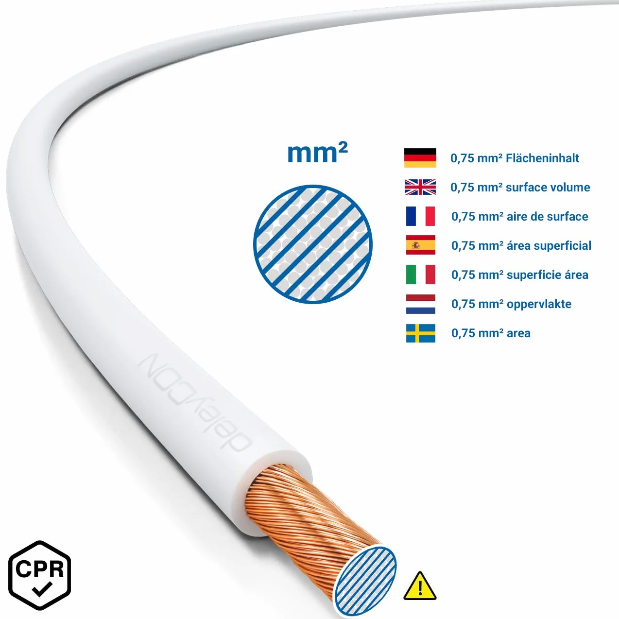 deleyCON 10m kabel głośnikowy box kabel 2x 0,75mm² aluminium powlekane miedzią oznaczenie biegunowości CCA 2x24x0,20mm linka BauPVO/CPR - biały