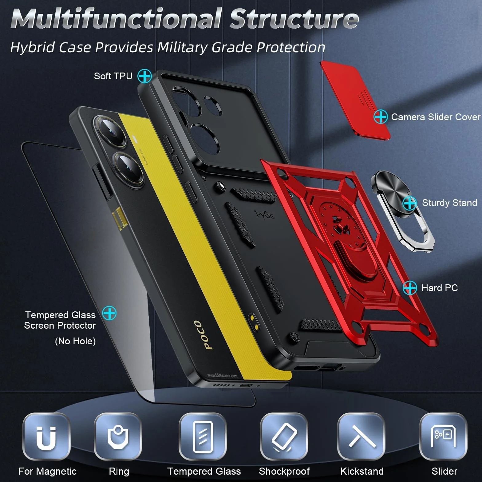 LeYi Etui do Xiaomi Poco X7 PRO ze szkłem hartowanym, odporny na wstrząsy TPU zderzak 360°