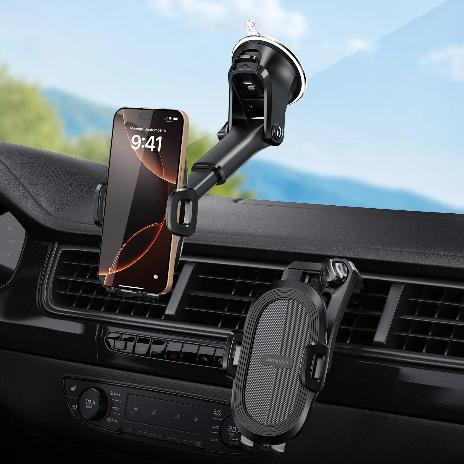 APPS2Car Samochodowy uchwyt na telefon, deska rozdzielcza, solidny uchwyt na przyssawkę, uniwersalny uchwyt 360° do kompatybilnego iPhone'a 12/11/11/Pro, Samsung S21 i innych (przyssawka +