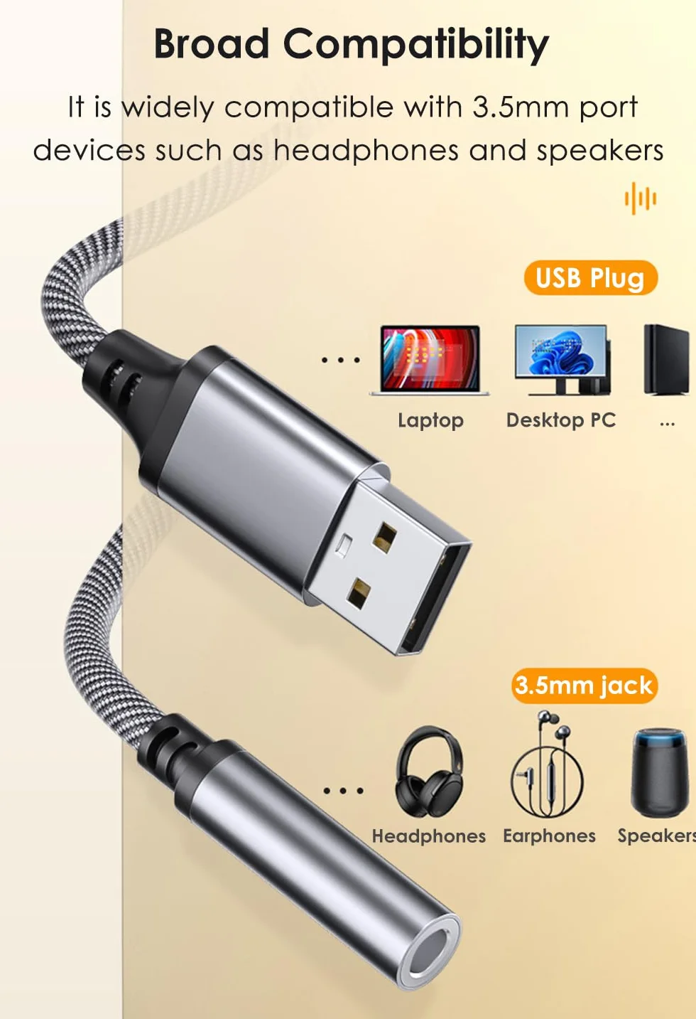 Adapter Audio z USB na Jack 3,5 mm, Adapter USB na Audio Gniazdo, Adapter USB na Stereo AUX Kompatybilny z Słuchawkami, Laptopem, Głośnikiem, i nie tylko (Szary)