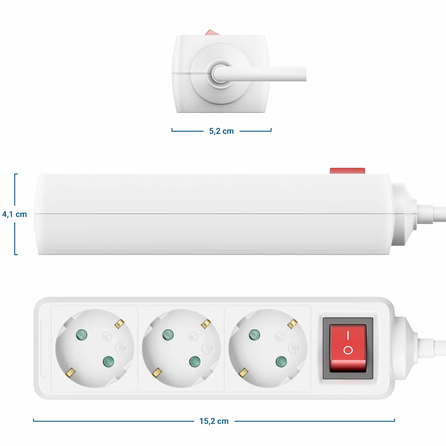 deleyCON Listwa Zasilająca 3-Gniazda z Wyłącznikiem, do Użytku Wewnętrznego, Kabel 1,4m, Wtyczka z Bolcem, Trwała Obudowa z Tworzywa Sztucznego - Biała