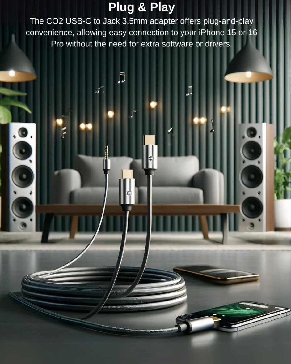 CO2 Adapter USB-C do Mini Jack 3,5 mm AUX z Przetwornikiem DAC 128 kHz HD, Hi–FI Najwyższa Jakość Dźwięku, Biały, Kabel Kompatybilny z iPhone 16, 15, Pro, Max, Plus, MacBook, iPad Pro, Samsung (DAC)
