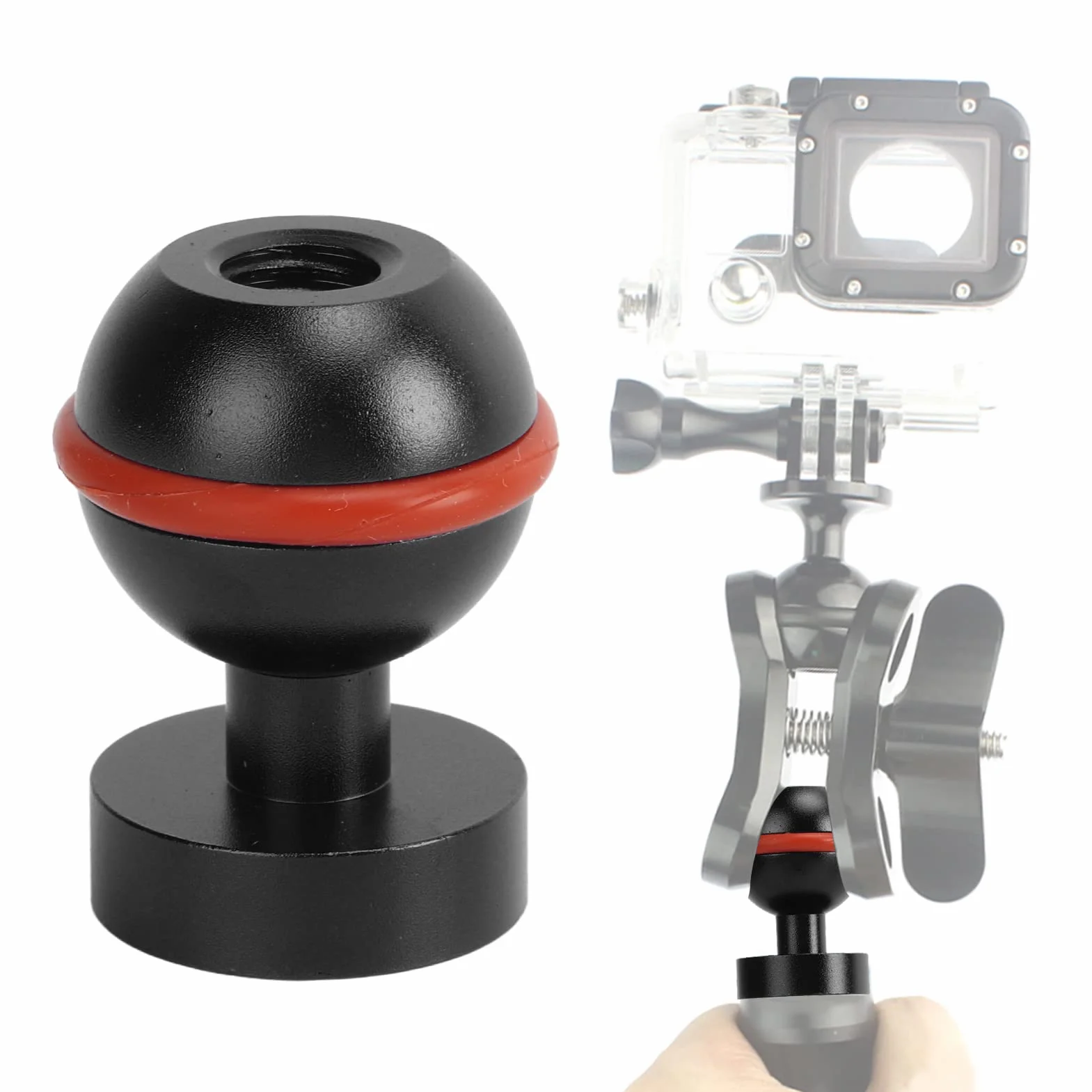 Akozon Adapter do podwodnego ramienia kuli, głowica kuli ze stopu aluminium, twarda powłoka anodowana: mała, lekka, trwała latarka nurkowa, głowa piłki (czarna)