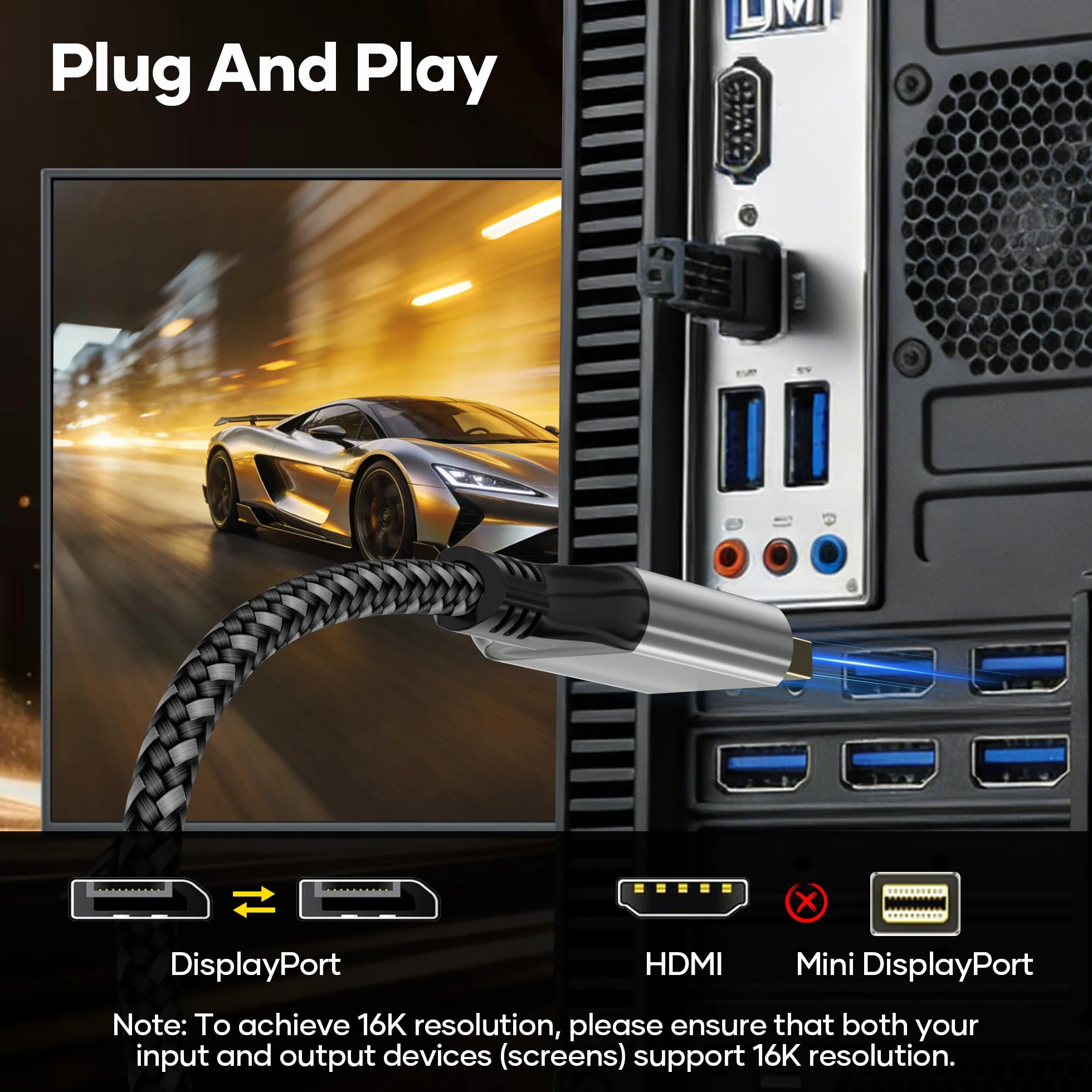 Kabel DisplayPort 2.1, 16K, 2 m, 16 K@60 Hz, 10K@60 Hz, 8K, 120 Hz, 4K, 240 Hz, 165 Hz/144 Hz. Kabel DP 80 Gb/s z HDR, FreeSync, G-Sync, DSC 1.2a i HDCP 2.2. Kompatybilny z PC. ,HDTV, monitor do gier
