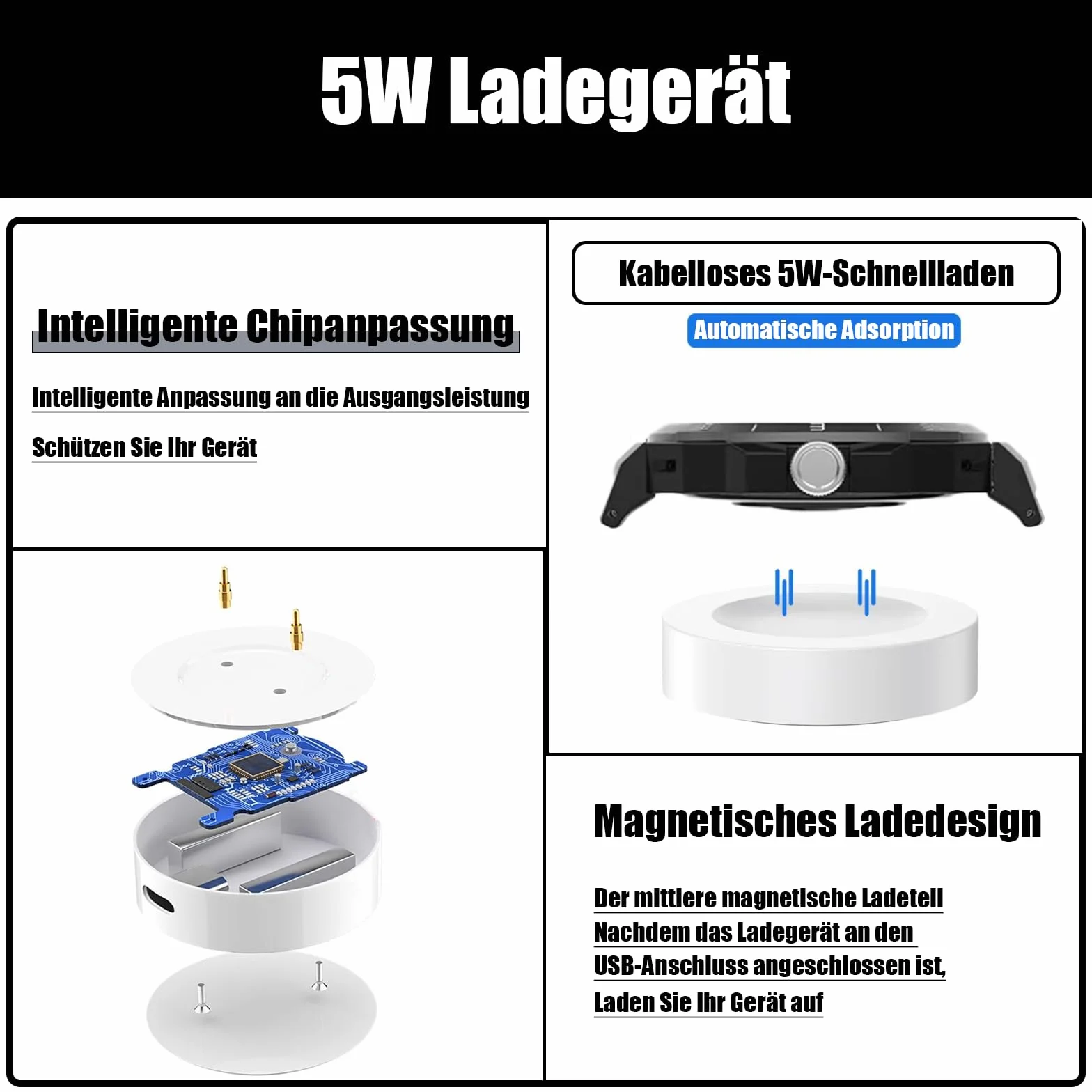 Powice Bezprzewodowa ładowarka do Huawei Watch, indukcyjna stacja ładująca 5 W, stacja ładująca do Huawei, bezprzewodowa ładowarka do HuaweiGT2/GTSports/Vitality/Fashion/GT2E/ECG/Dream/HonorMagic2