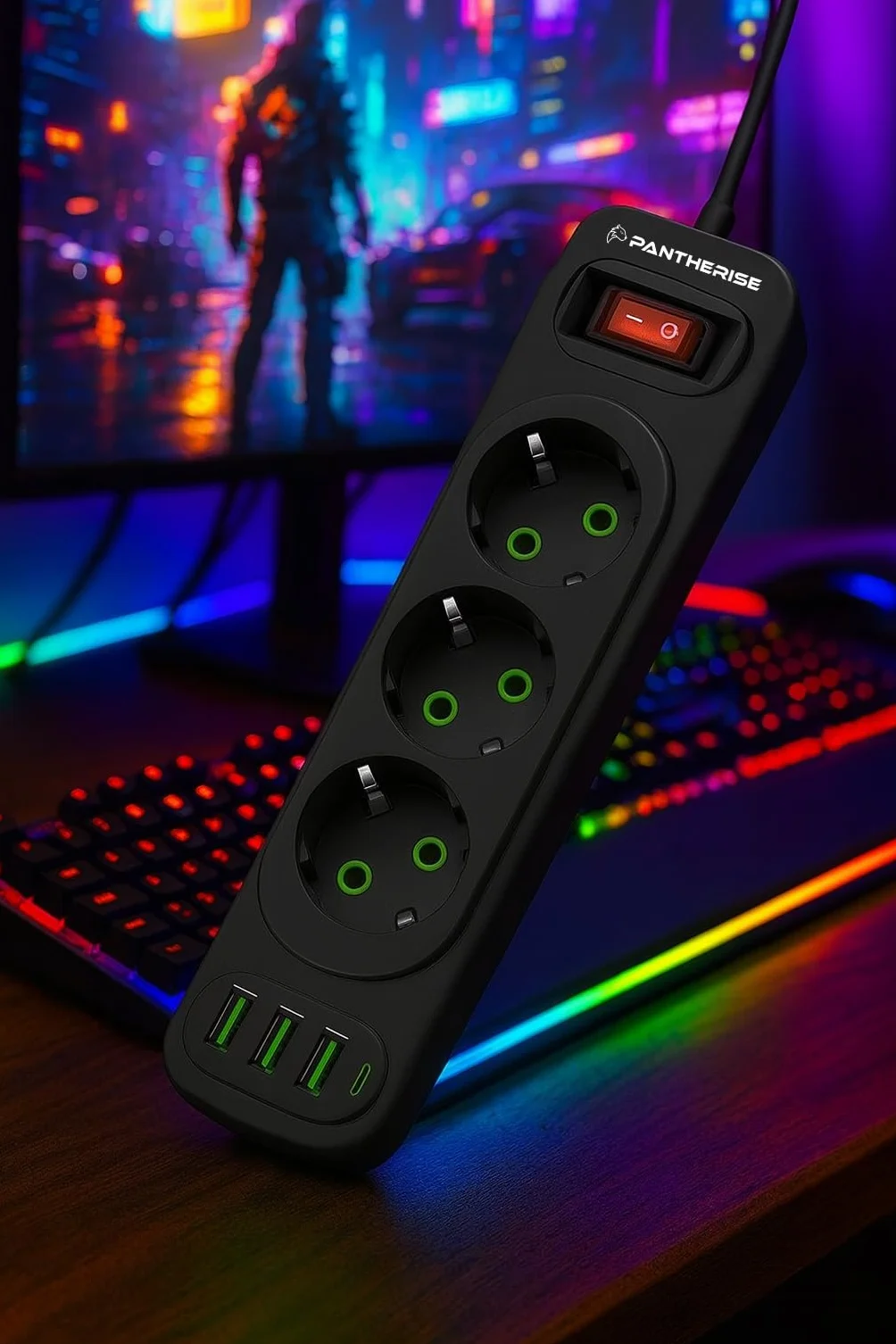 Listwa zasilająca Pantherise 5m – 3x USB-A, 1x USB-C, gniazda z uziemieniem, wyłącznik z podświetleniem, przedłużacz 2500W (3 gniazda)
