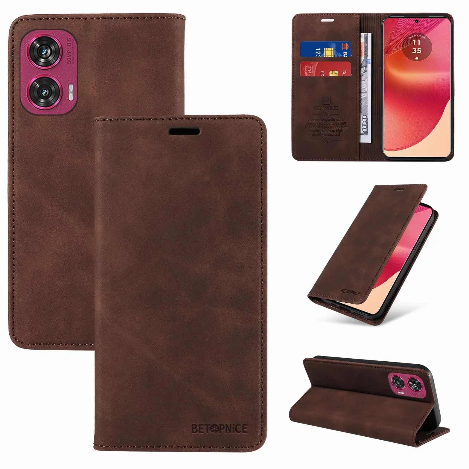 YUECXIN Luksusowe etui do Motorola Edge 50 Fusion, etui portfelowe ze skóry PU, odporne na wstrząsy z uchwytem magnetycznym i etui z ochroną RFID, brązowe