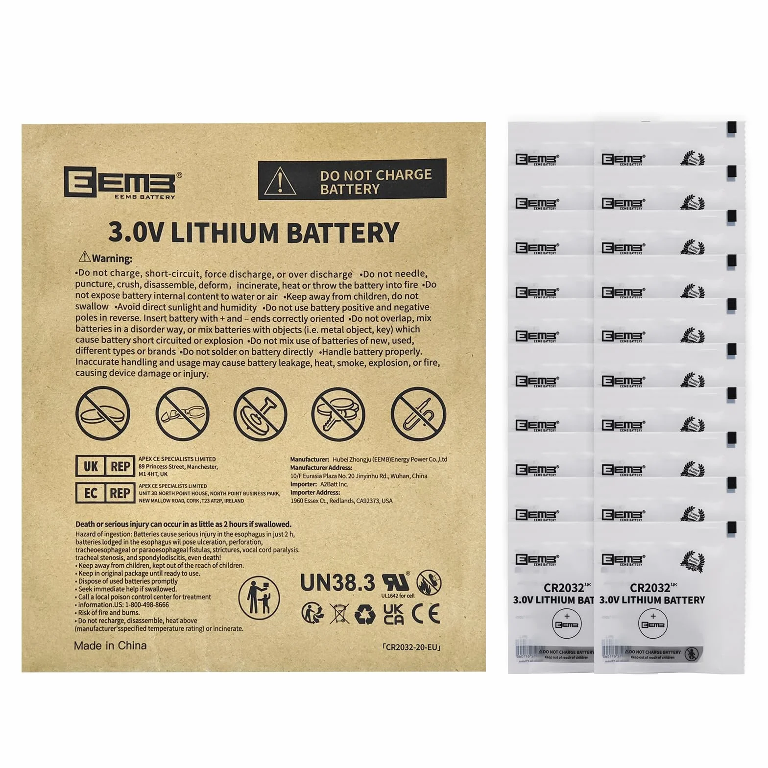 EEMB CR2032 Bateria litowa 3V Li-MnO ₂ Bateria z przyciskiem 2032 Bateria DL2032 ECR2032 LM2032 Kompatybilna z kluczem Fob, zdalny monitor glukozy samochodowy Zdalne sterowanie obrożami dla zwierząt Zegarażowych drzwi świecznych(20)